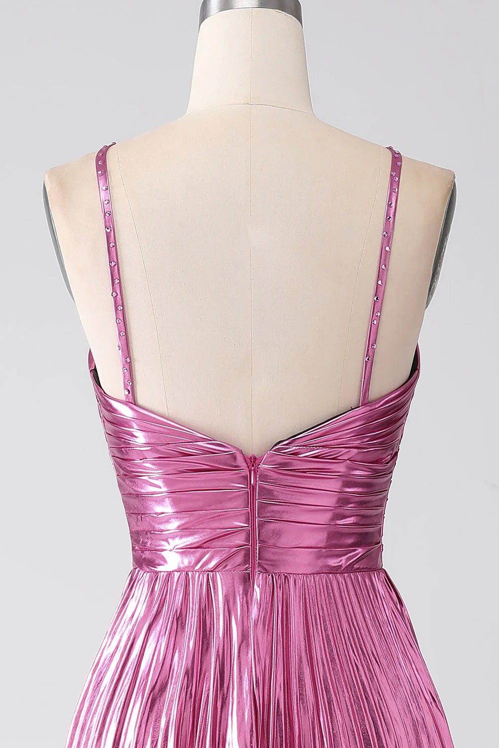 Amzcw Fuchsia A-Line Spaghetti Straps Pleated Sparkly Metallic Prom Dress with Slit