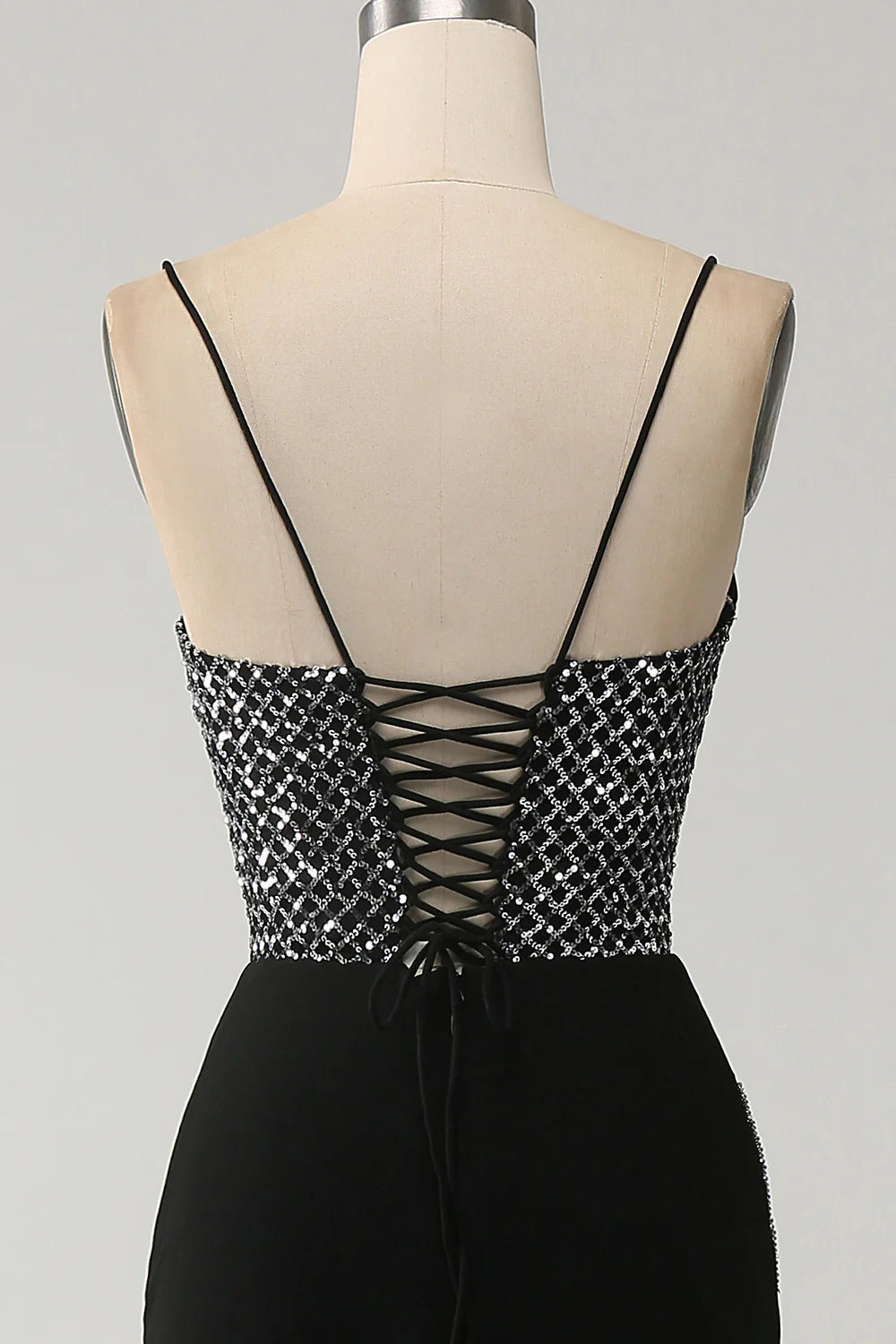 Amzcw Gorgeous Black Mermaid Spaghetti Straps Strapless Sequin Prom Dresses with Slit