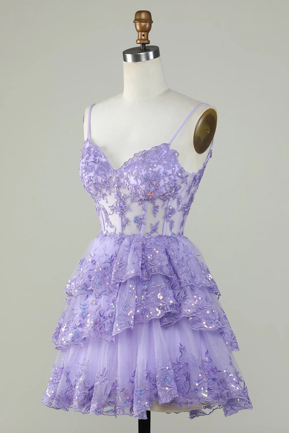 Amzcw Sparkly Purple A Line Spaghetti Straps Tiered Corset Short Homecoming Dress
