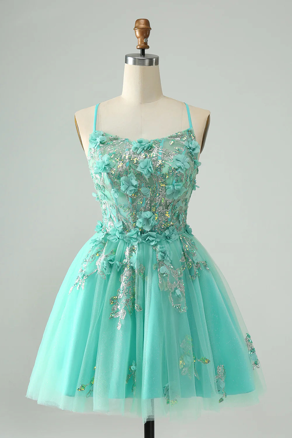 Amzcw Cute Green A Line Spaghetti Straps Corset Short Homecoming Dress with Appliques
