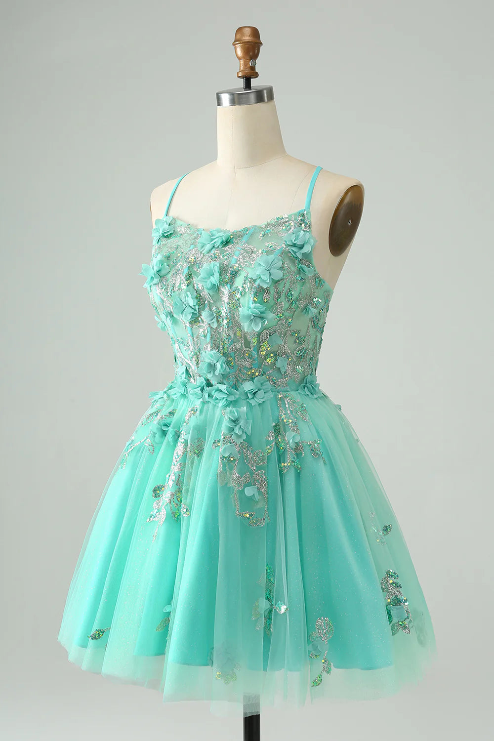 Amzcw Cute Green A Line Spaghetti Straps Corset Short Homecoming Dress with Appliques