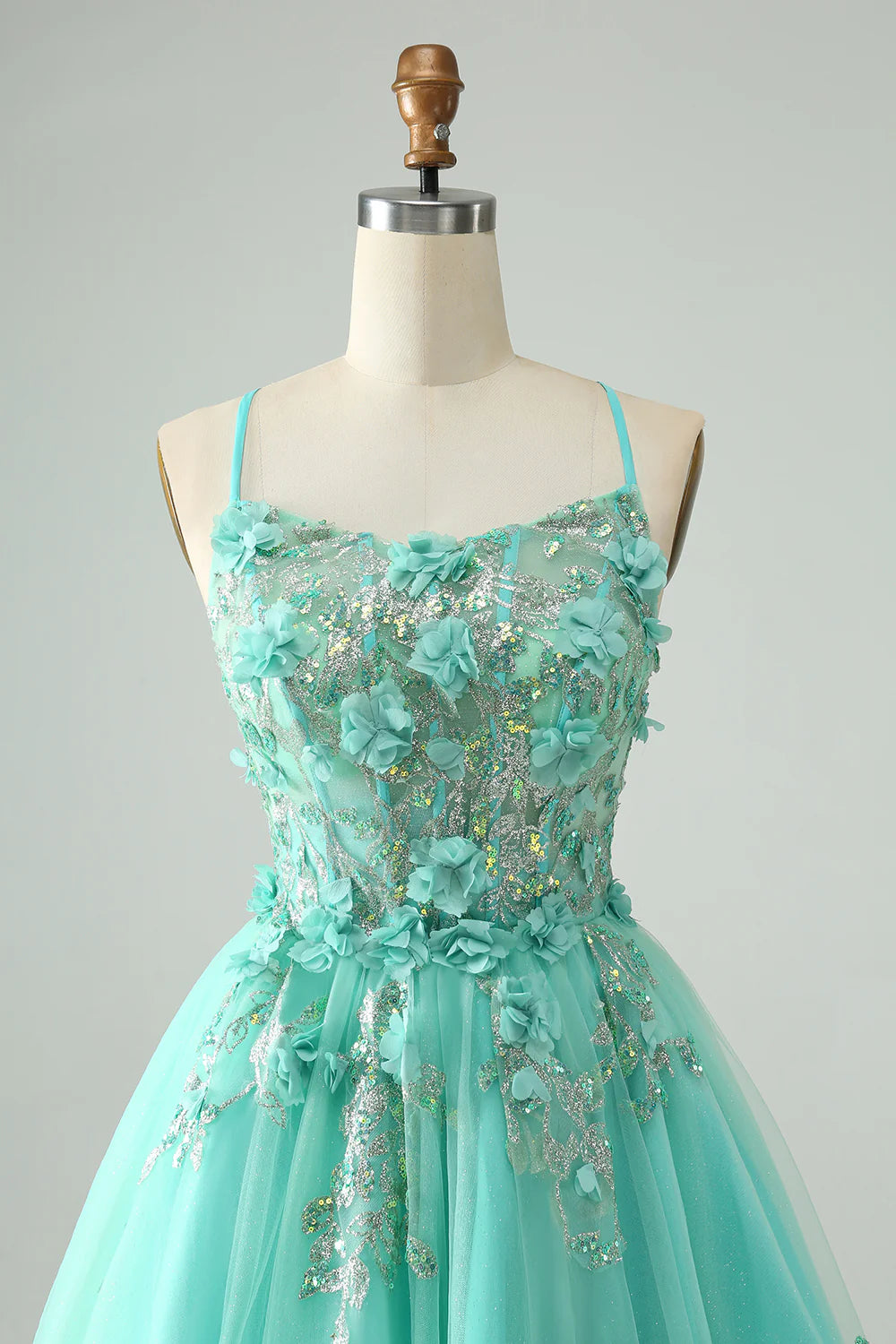 Amzcw Cute Green A Line Spaghetti Straps Corset Short Homecoming Dress with Appliques