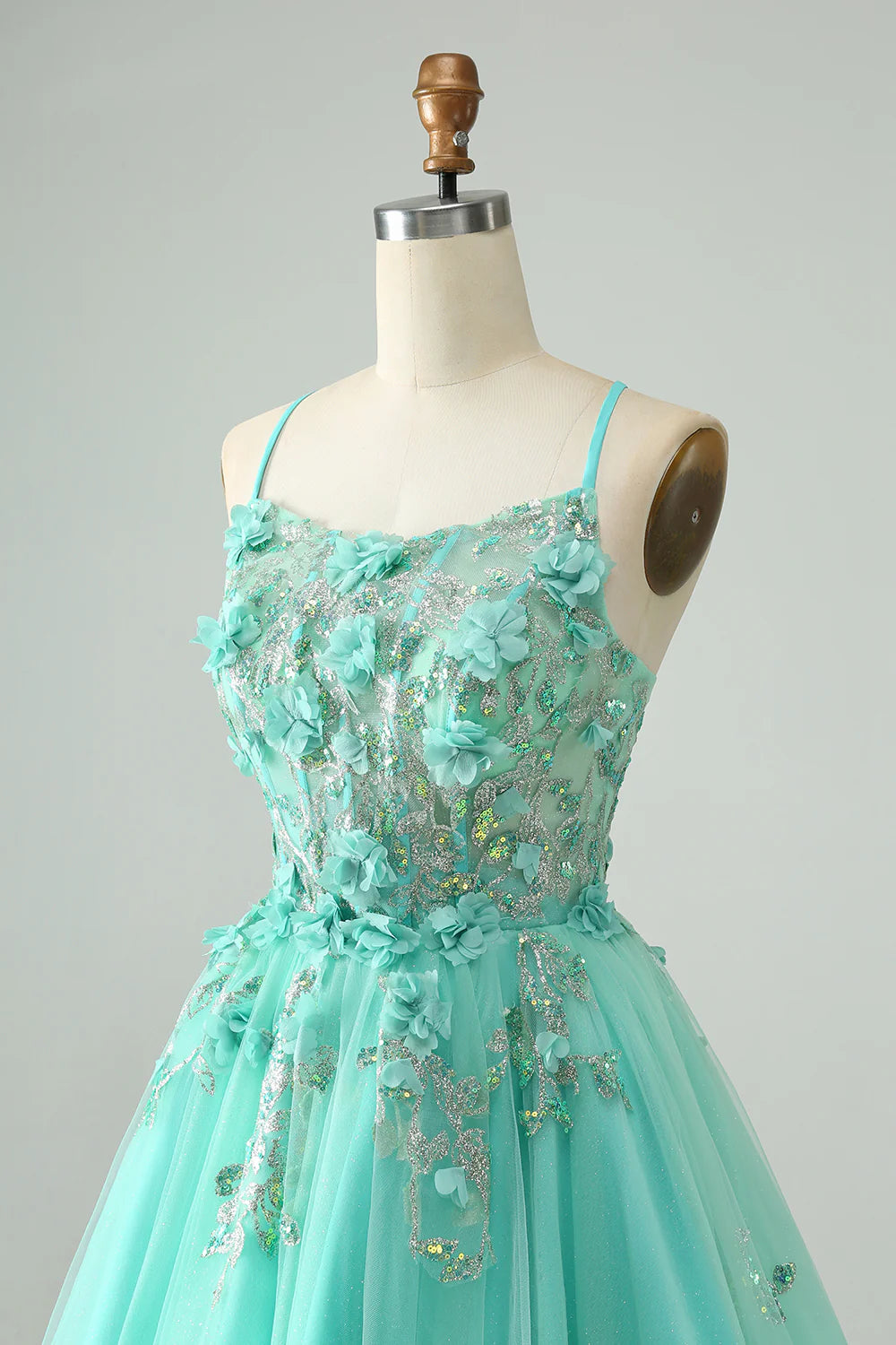 Amzcw Cute Green A Line Spaghetti Straps Corset Short Homecoming Dress with Appliques