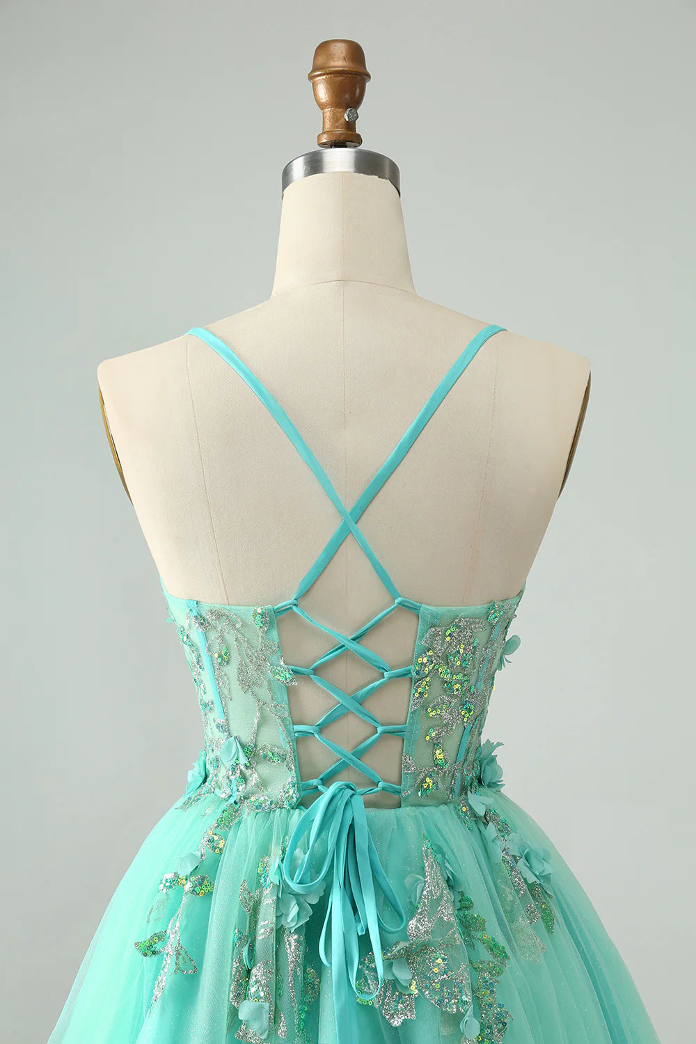 Amzcw Cute Green A Line Spaghetti Straps Corset Short Homecoming Dress with Appliques