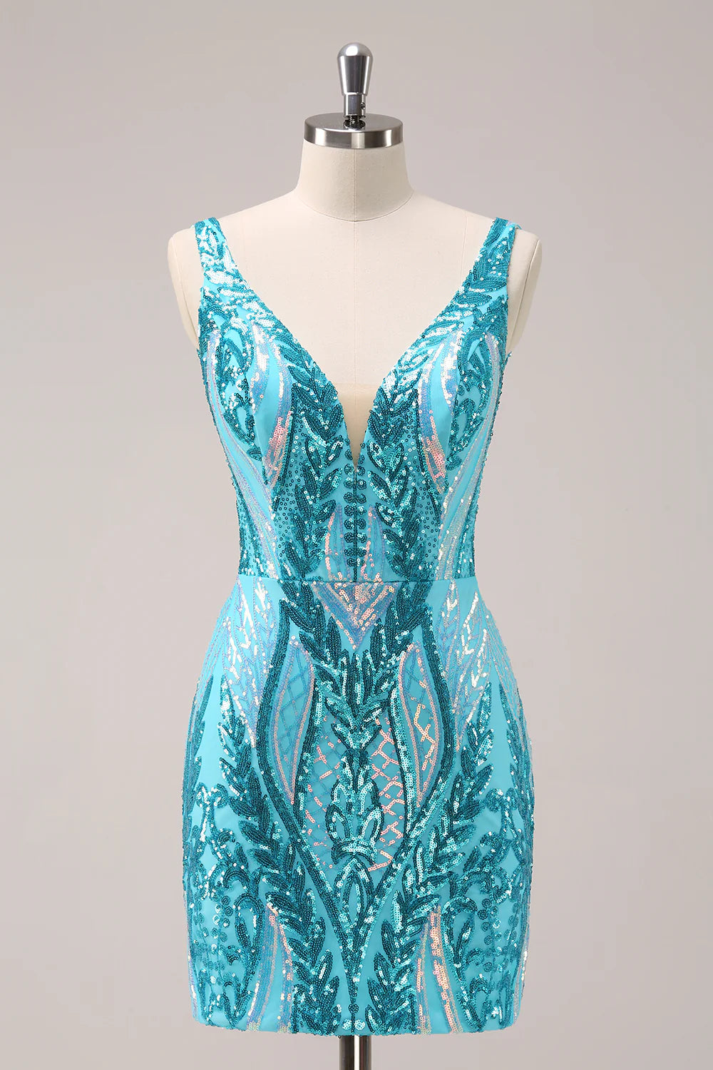 Amzcw Sparkly Blue Bodycon V Neck Backless Short Homecoming Dress with Sequins