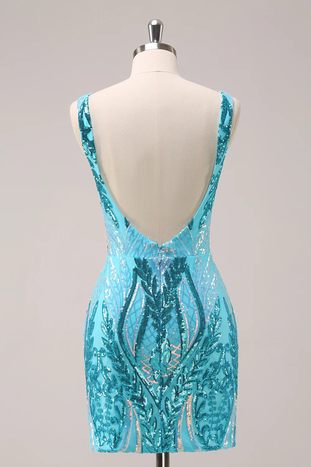 Amzcw Sparkly Blue Bodycon V Neck Backless Short Homecoming Dress with Sequins