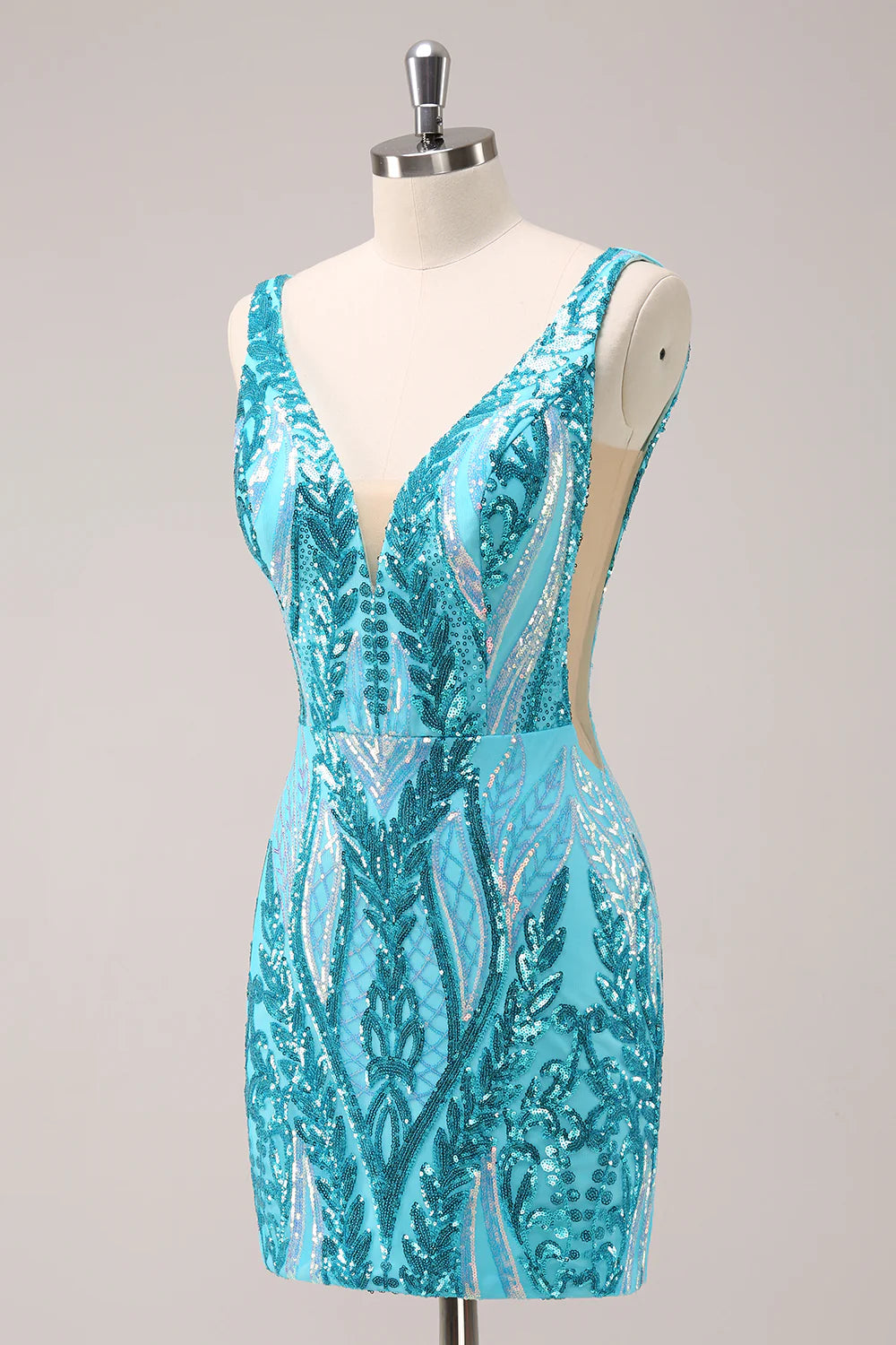 Amzcw Sparkly Blue Bodycon V Neck Backless Short Homecoming Dress with Sequins