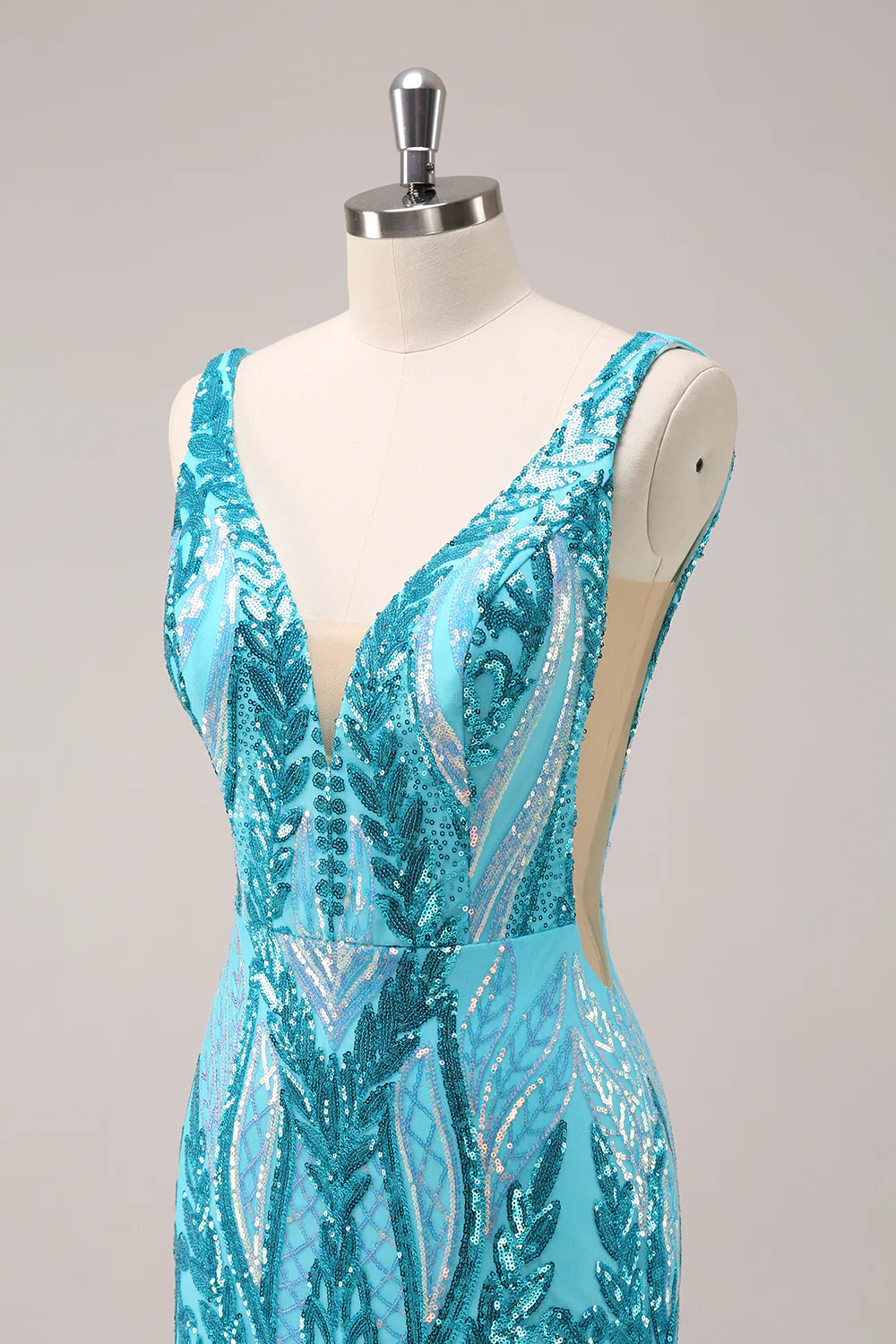Amzcw Sparkly Blue Bodycon V Neck Backless Short Homecoming Dress with Sequins