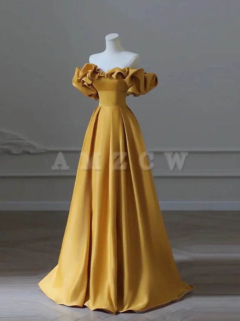 Amzcw Vestidos de fiesta largos de satén amarillo de corte A Vestido de noche largo amarillo Vestido de fiesta en tienda
