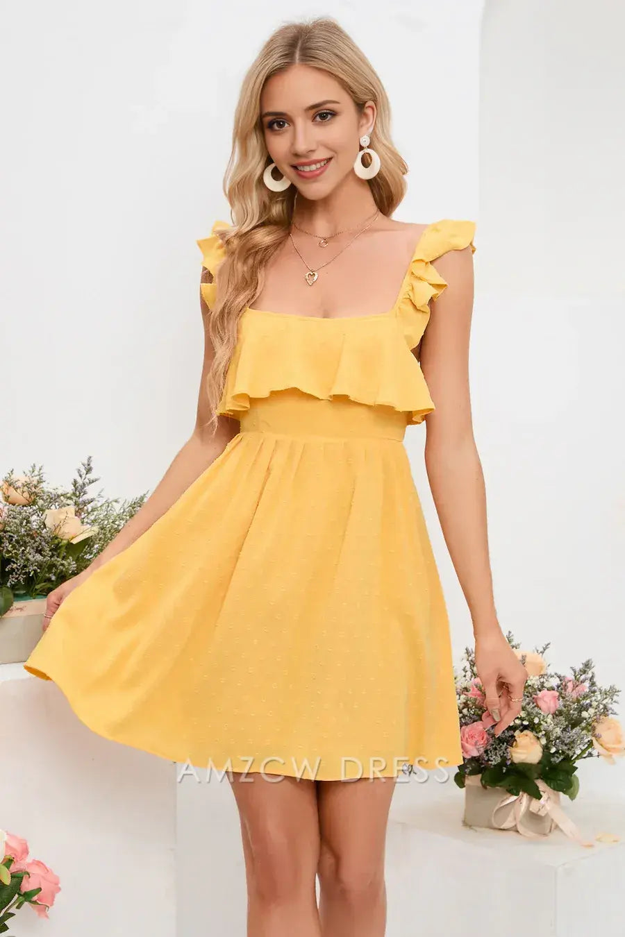 Amzcw Yellow Flutter Sleeves Square Neck Bow Tie Homecoming Dress formal wear dresses