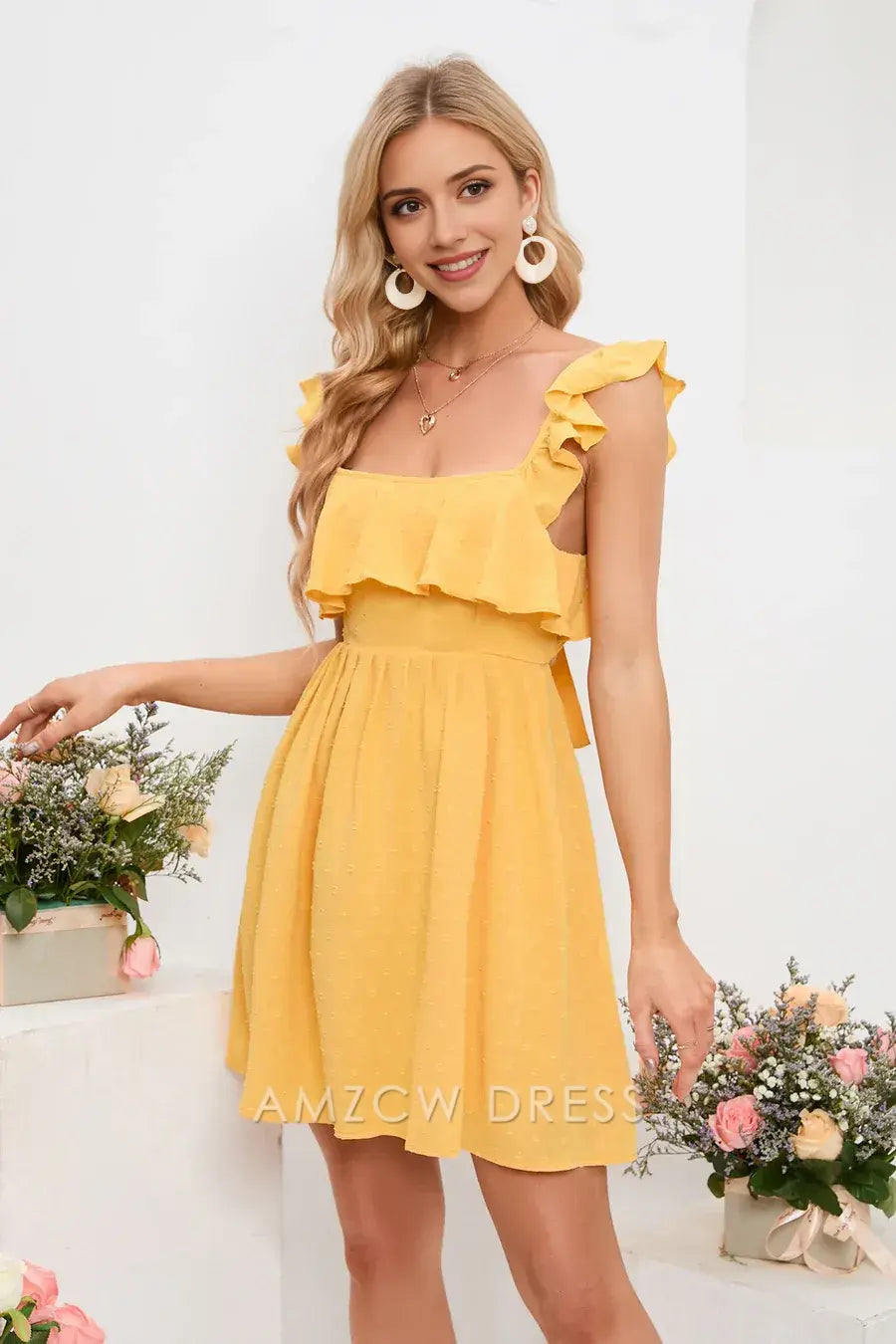 Amzcw Yellow Flutter Sleeves Square Neck Bow Tie Homecoming Dress formal wear dresses