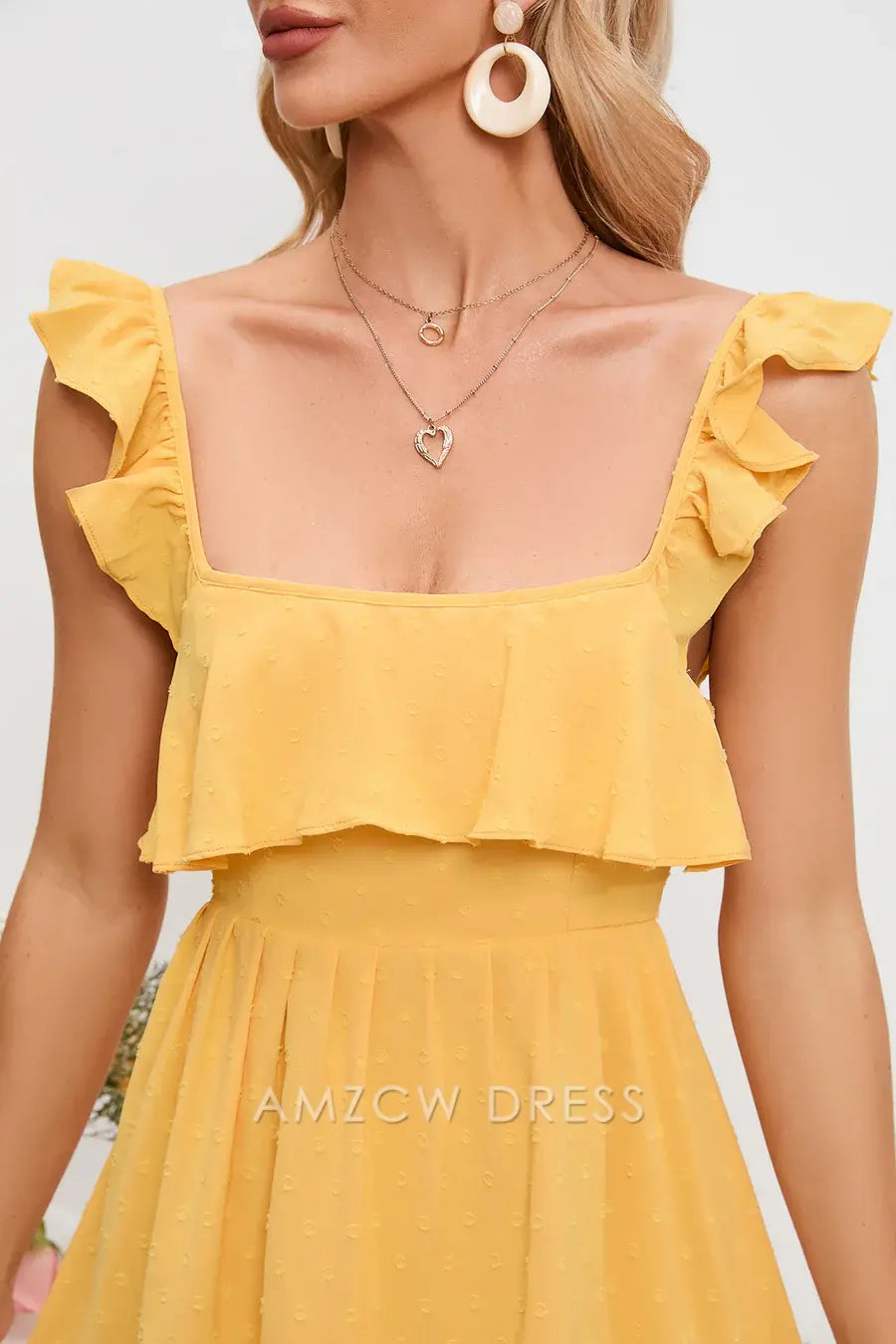 Amzcw Yellow Flutter Sleeves Square Neck Bow Tie Homecoming Dress formal wear dresses
