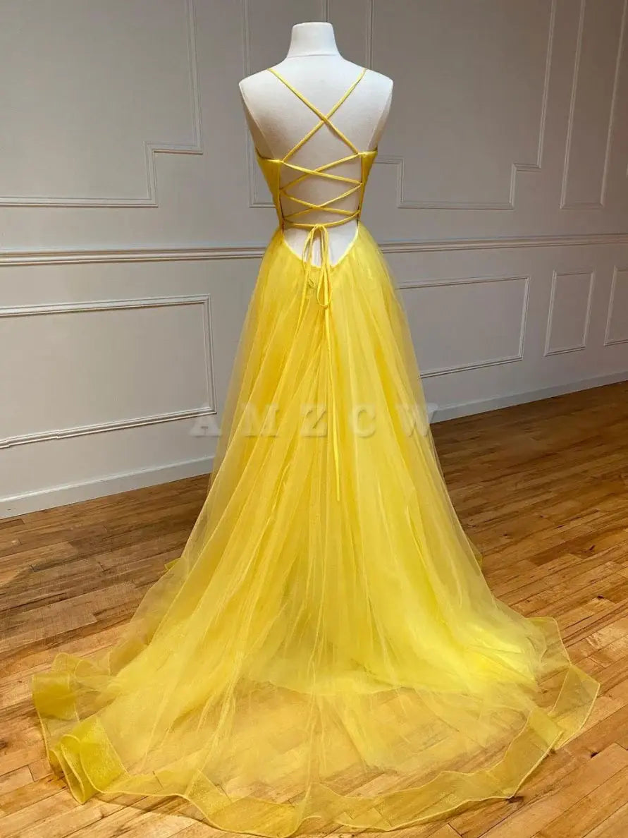 Amzcw Yellow sweetheart tulle long prom dress yellow evening dress formal wear dresses