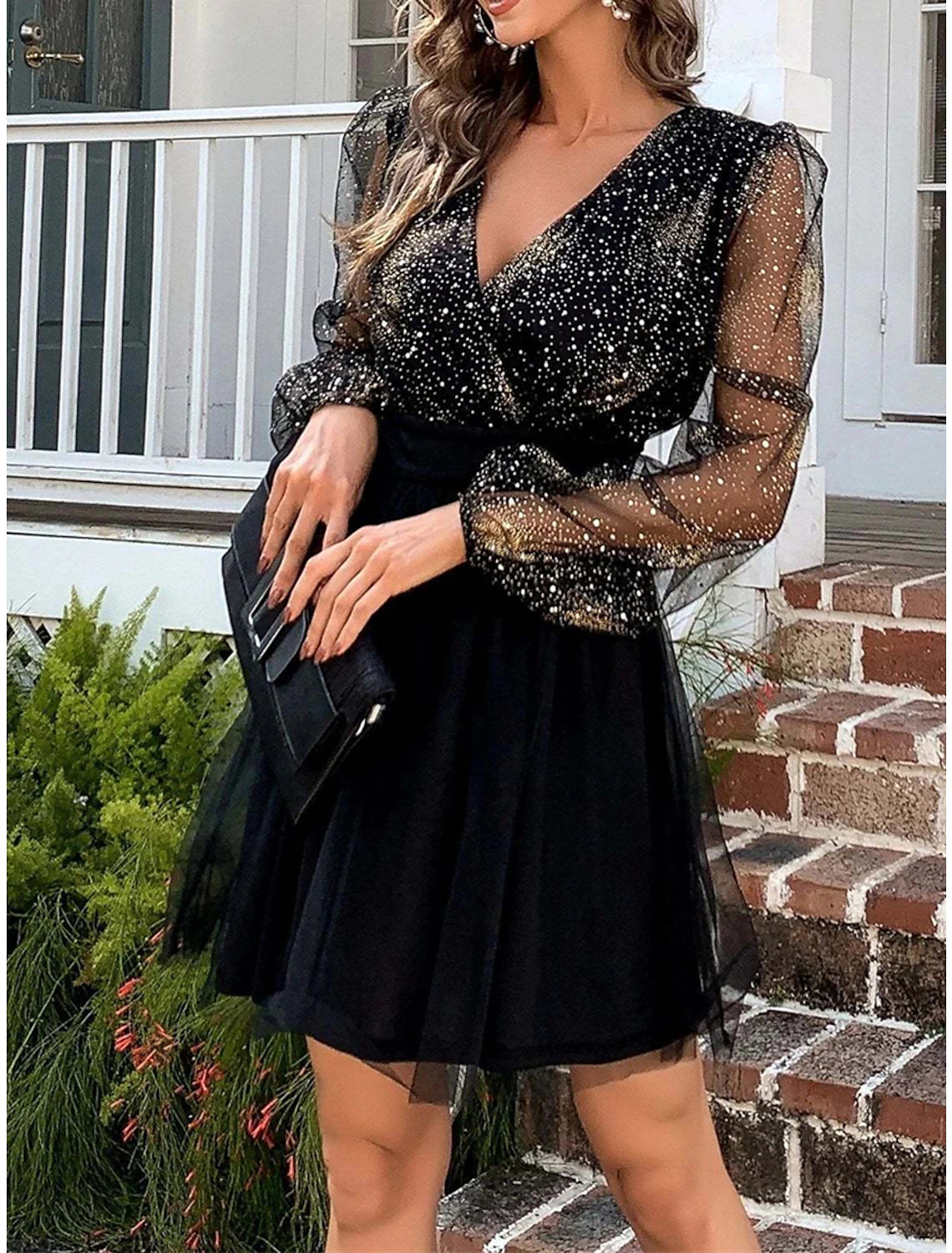 Women‘s Little Black Dress Sexy Dress Party Dress Homecoming Dress Mini Dress Long Sleeve Color Block Ruched Fall Winter Autumn V Neck Fashion Winter Dress