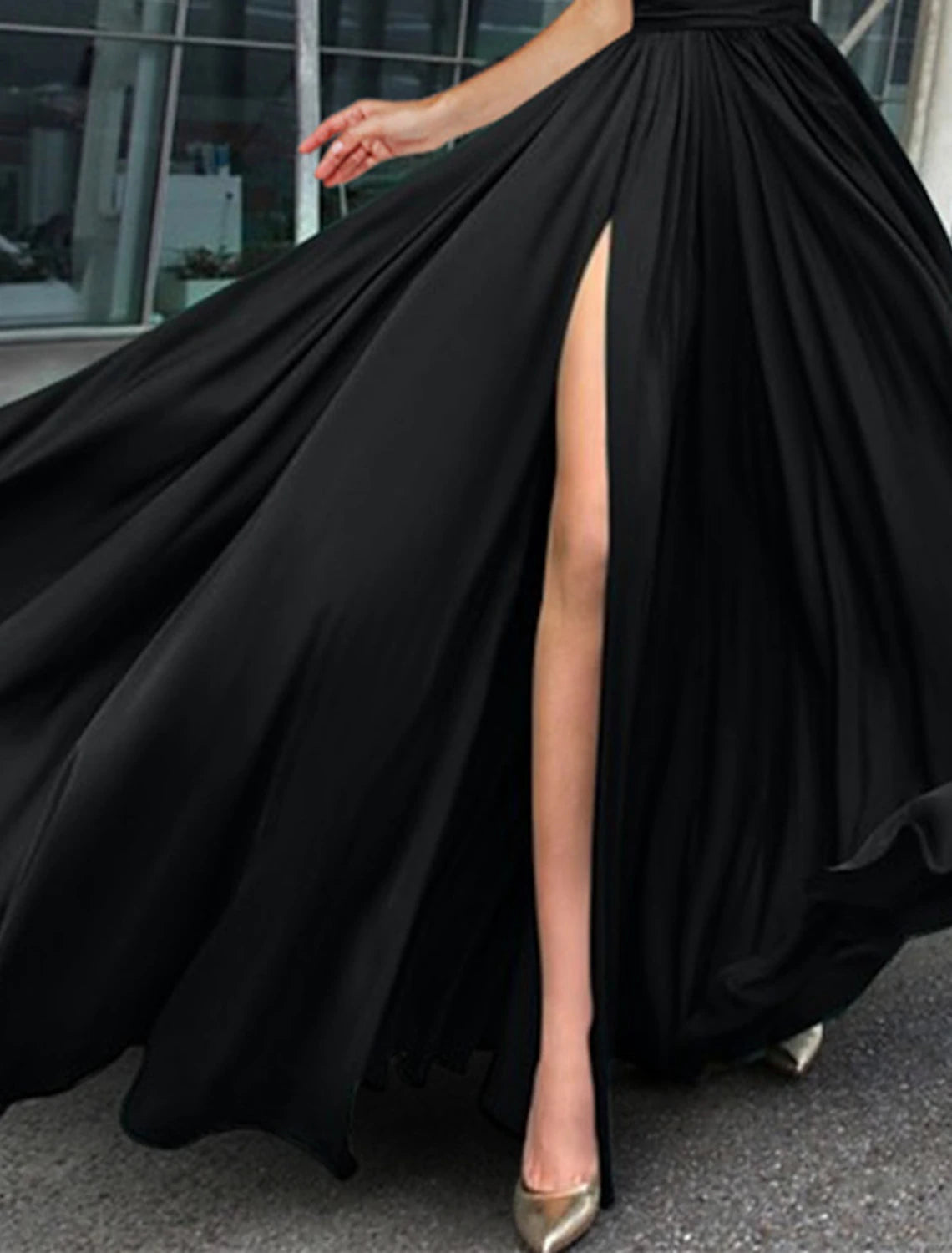 A-Line Prom Dresses Black Dress Dress Wedding Guest Black Tie Court Train Short Sleeve V Neck Stretch Fabric with Ruched Slit