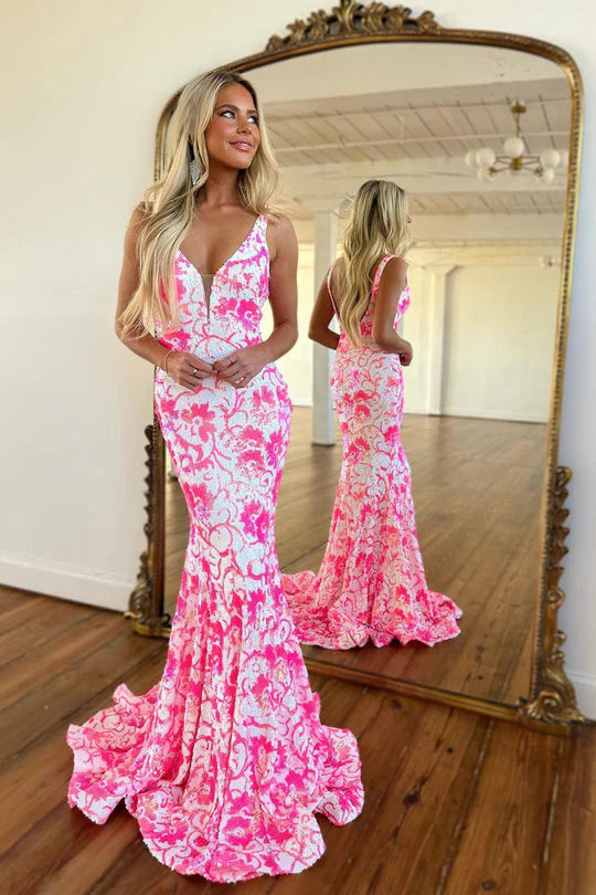 Vestido de fiesta largo con lentejuelas y escote en V de sirena
