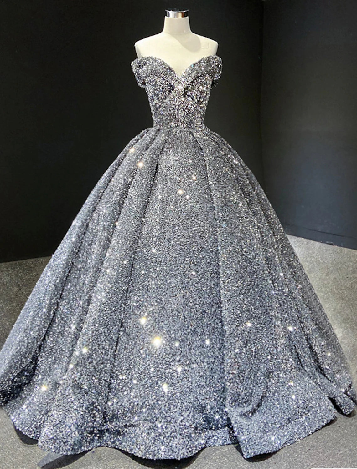 Ball Gown Luxurious Sparkle Quinceanera Formal Evening Birthday Dress Off Shoulder Sleeveless Floor Length Sequined with Pleats Sequin