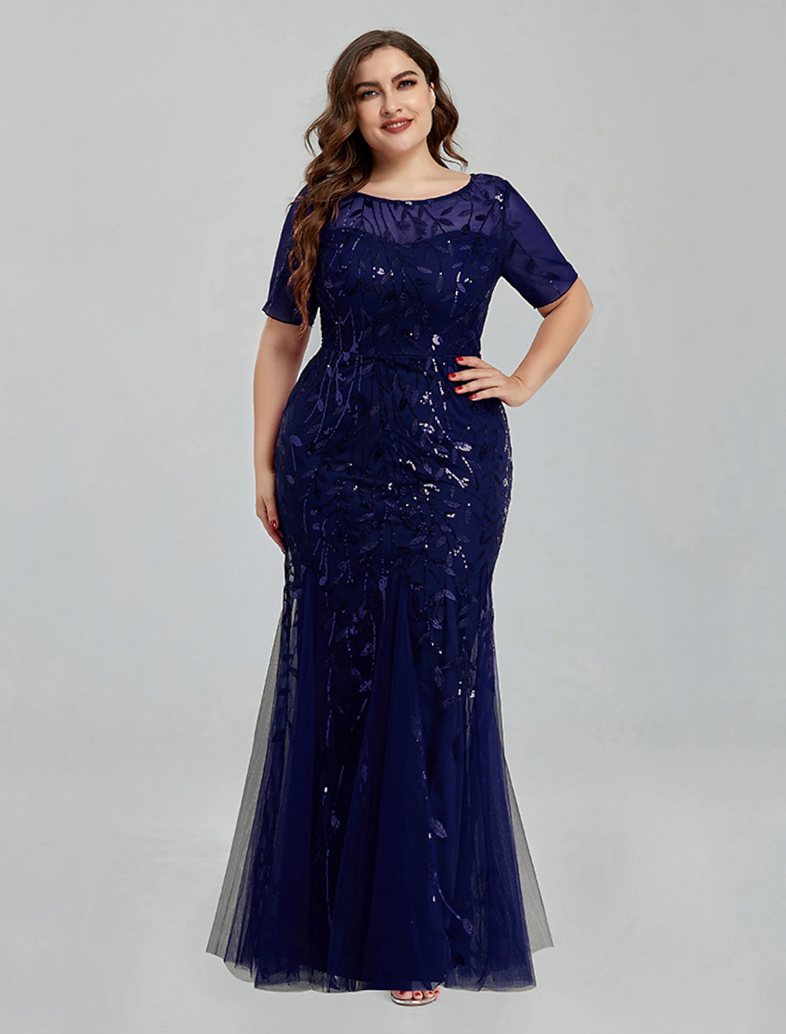 Mermaid / Trumpet Evening Gown Empire Dress Wedding Guest Floor Length Short Sleeve Jewel Neck Bridesmaid Dress Tulle with Embroidery