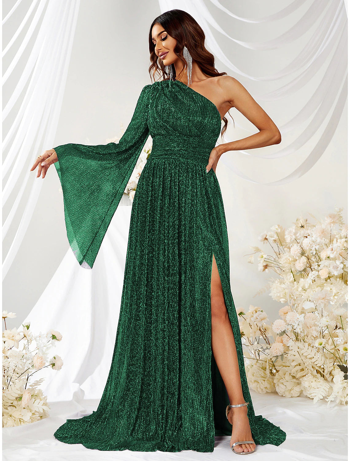 A-Line Wedding Guest Dresses Sparkle & Shine Dress Formal Sweep / Brush Train Long Sleeve One Shoulder Polyester with Glitter Slit