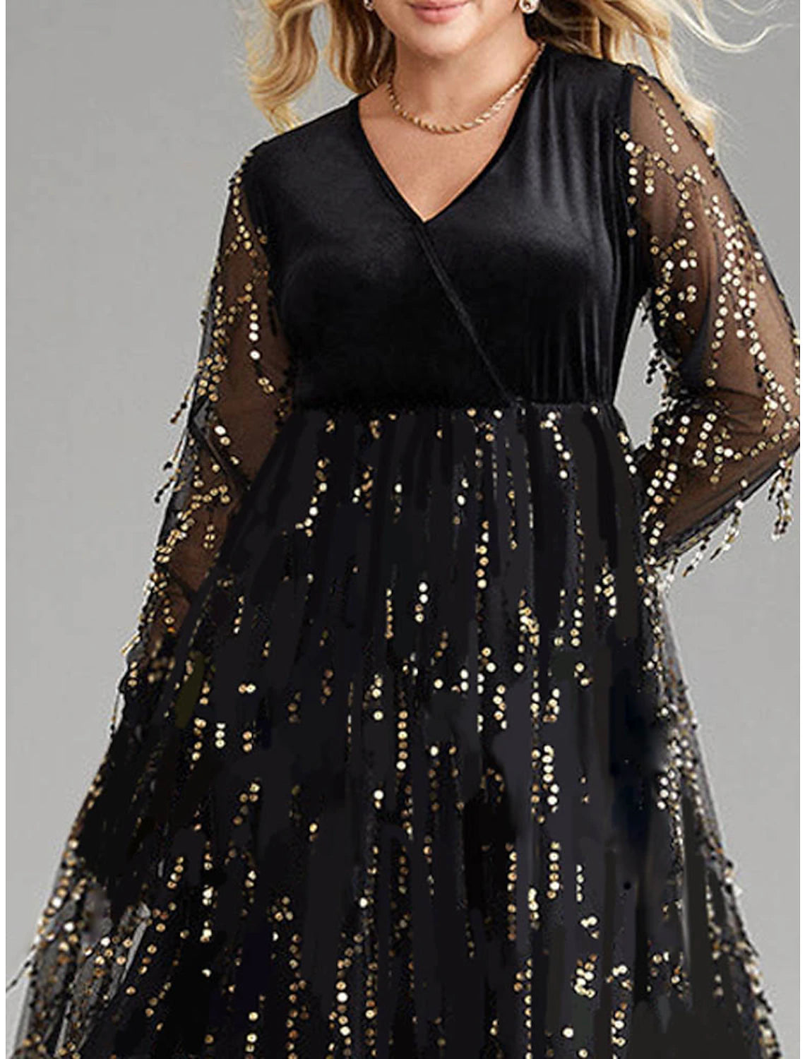 Women's Plus Size Black Dress Velvet Dress Sequin Dress Midi Dress Black Long Sleeve Pure Color Sequins Spring Fall Winter V Neck Fashion Winter Dress Wedding Guest Birthday
