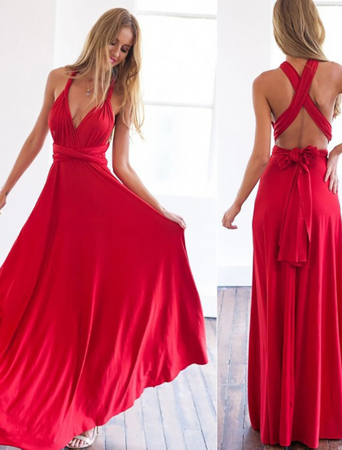 A-Line Convertible Holiday Prom Birthday Dress Halter Neck Backless Crisscross Back V Back Sleeveless Floor Length Stretch Satin with Sash / Ribbon Pleats
