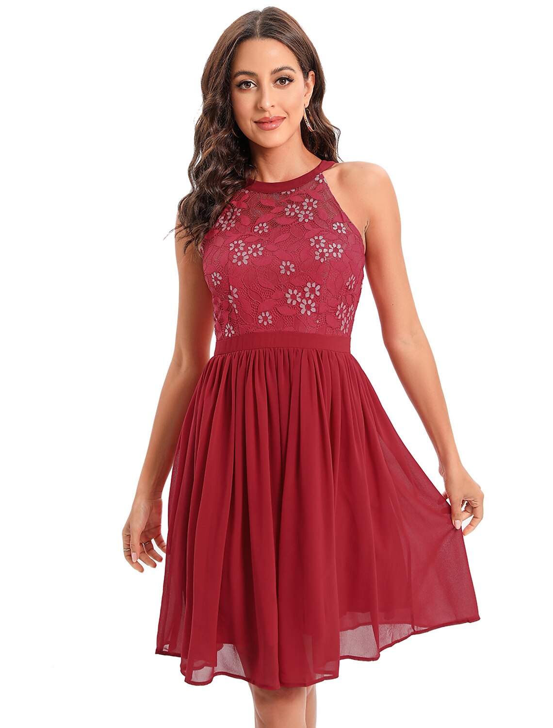 A-Line Cocktail Dresses Vintage Dress Party Wear Knee Length Sleeveless Jewel Neck Cotton Blend with Lace Insert Pattern / Print Splicing