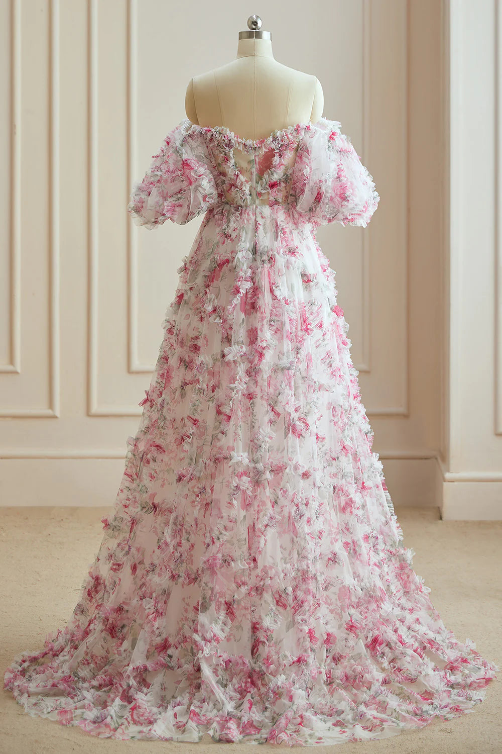 A Line Sweetheart Ruffles Sweep Train Floral Printed Chiffon Prom Dresses