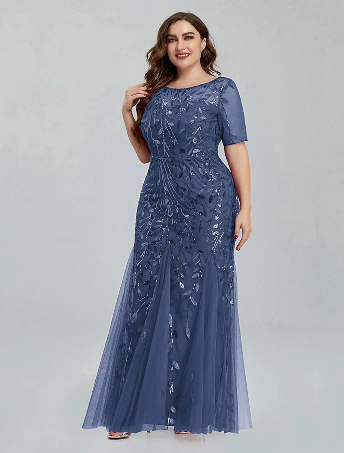 Mermaid / Trumpet Evening Gown Empire Dress Wedding Guest Floor Length Short Sleeve Jewel Neck Bridesmaid Dress Tulle with Embroidery