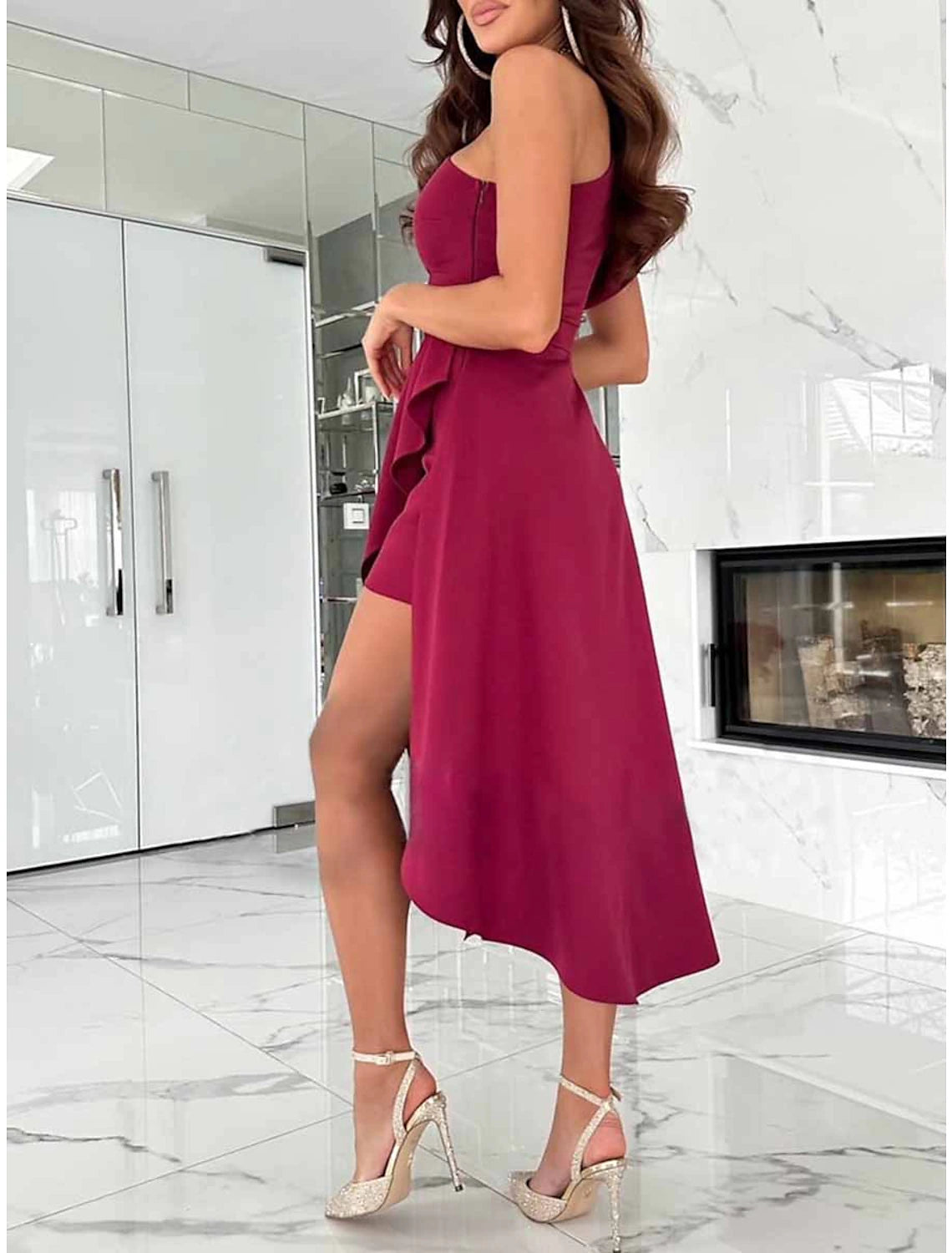 Women‘s Little Black Dress Sexy Dress Party Dress Homecoming Dress Mini Dress Pink Wine Short Sleeve Ruffle Spring Fall One Shoulder Fashion Wedding Guest Vacation