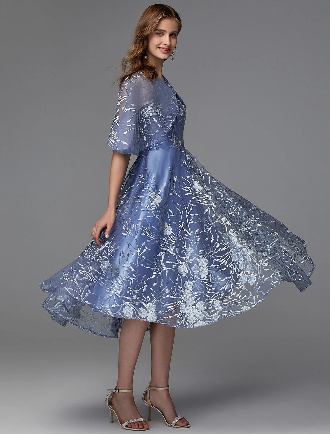 Vestido floral de corte A para invitada de boda, cóctel, largo hasta la rodilla, sin mangas, escote en V, encaje, espalda en V con apliques estampados