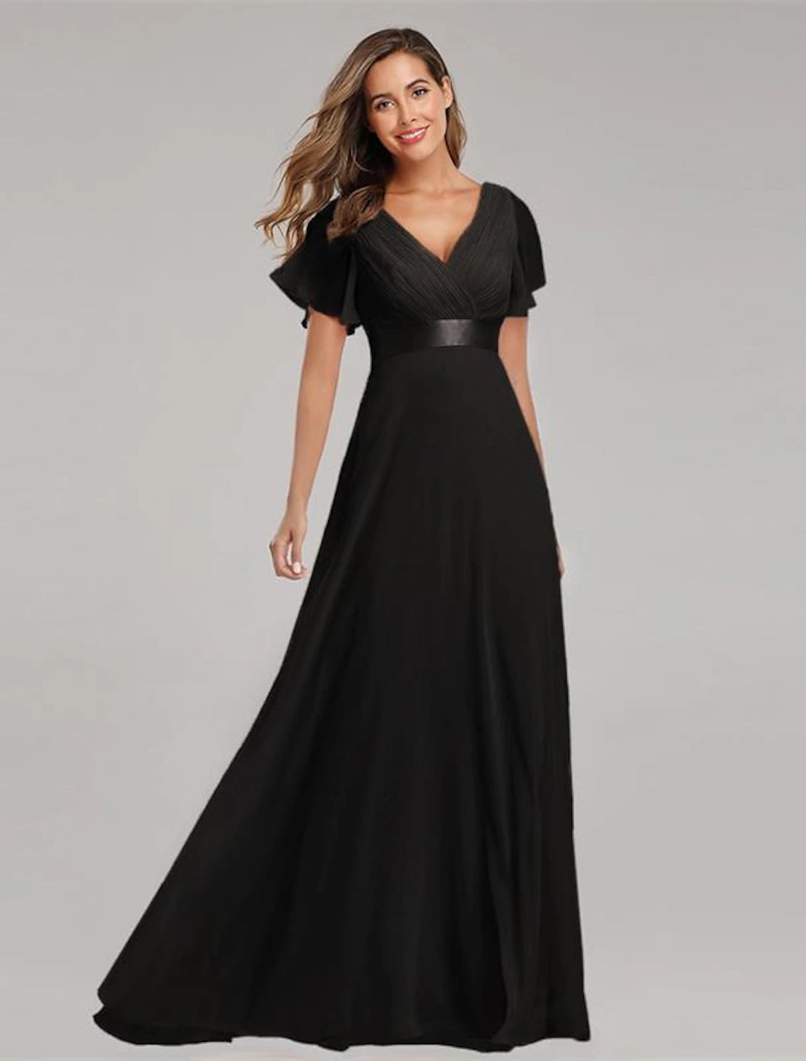 A-Line Prom Dresses Maxi Dress Fall Wedding Guest Dress For Bridesmaid Floor Length Short Sleeve V Neck Chiffon V Back with Ruched Ruffles