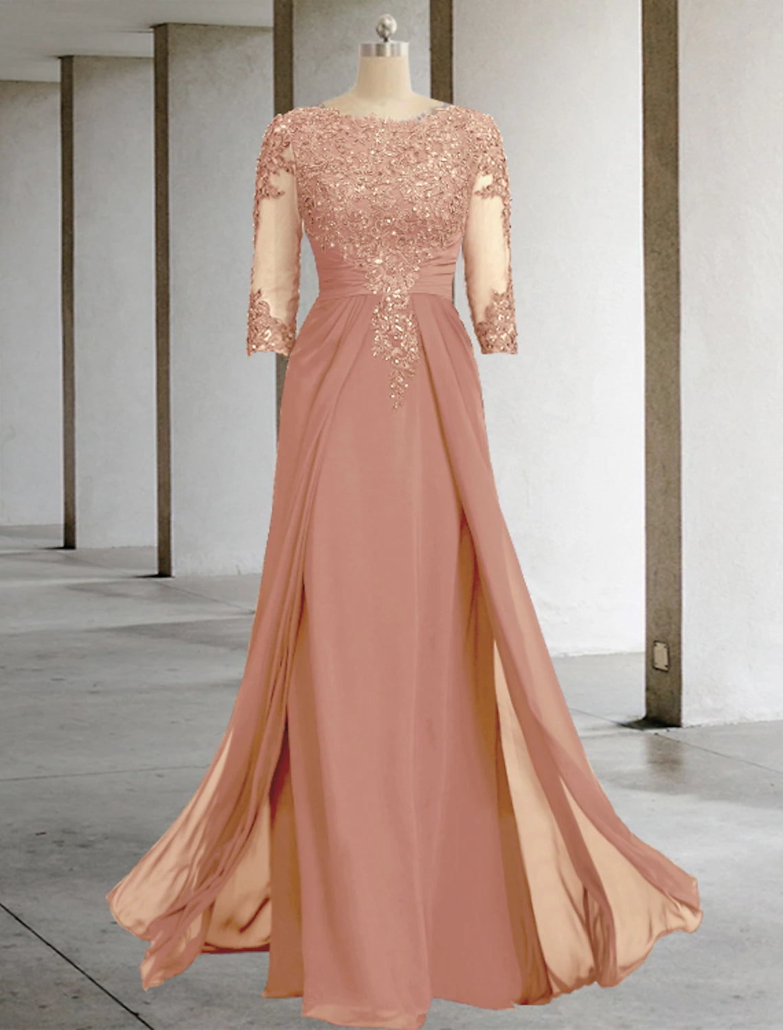 Suknia dla matki panny młodej o kroju tuby, formalna, na wesele, jesienna, elegancka, z cekinami, z okrągłym dekoltem, do ziemi, z szyfonu i koronki, z rękawami 3/4 i aplikacjami, z połyskiem