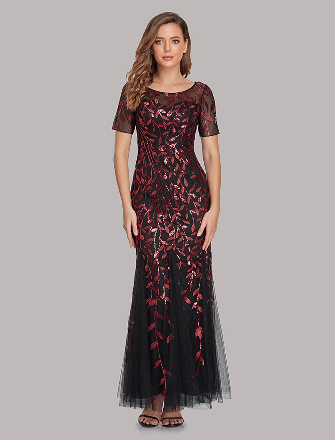 Mermaid / Trumpet Evening Gown Empire Dress Wedding Guest Floor Length Short Sleeve Jewel Neck Bridesmaid Dress Tulle with Embroidery