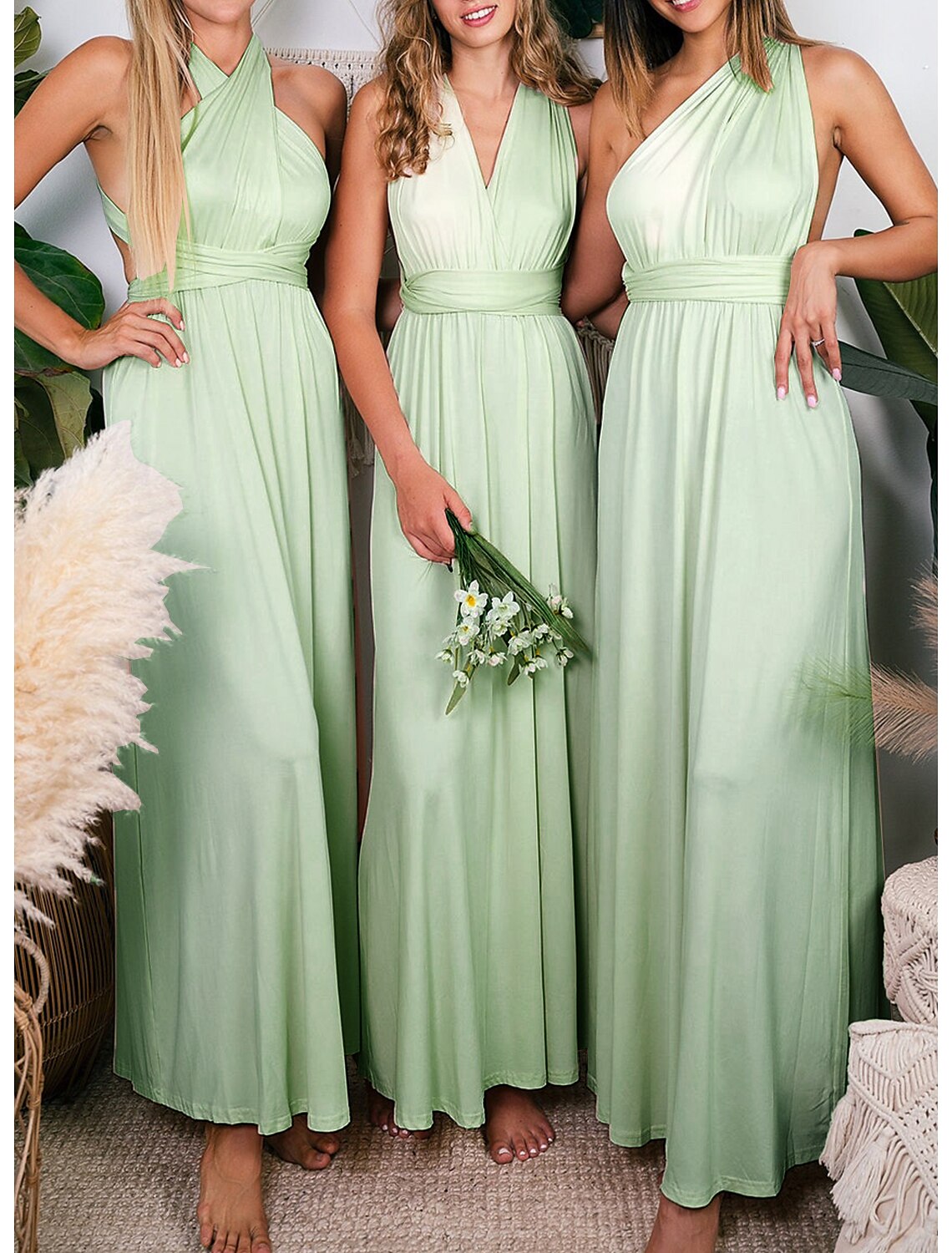 Vestido de dama de honor con corte tubo/columna, sin mangas, convertible, largo hasta el tobillo, de licra, con pliegues, color liso
