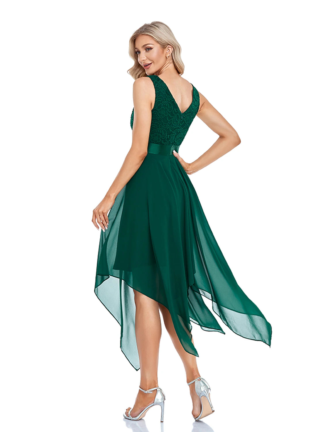 A-Line Cocktail Dresses Party Dress Homecoming Asymmetrical Sleeveless V Neck Chiffon V Back with Pure Color Splicing