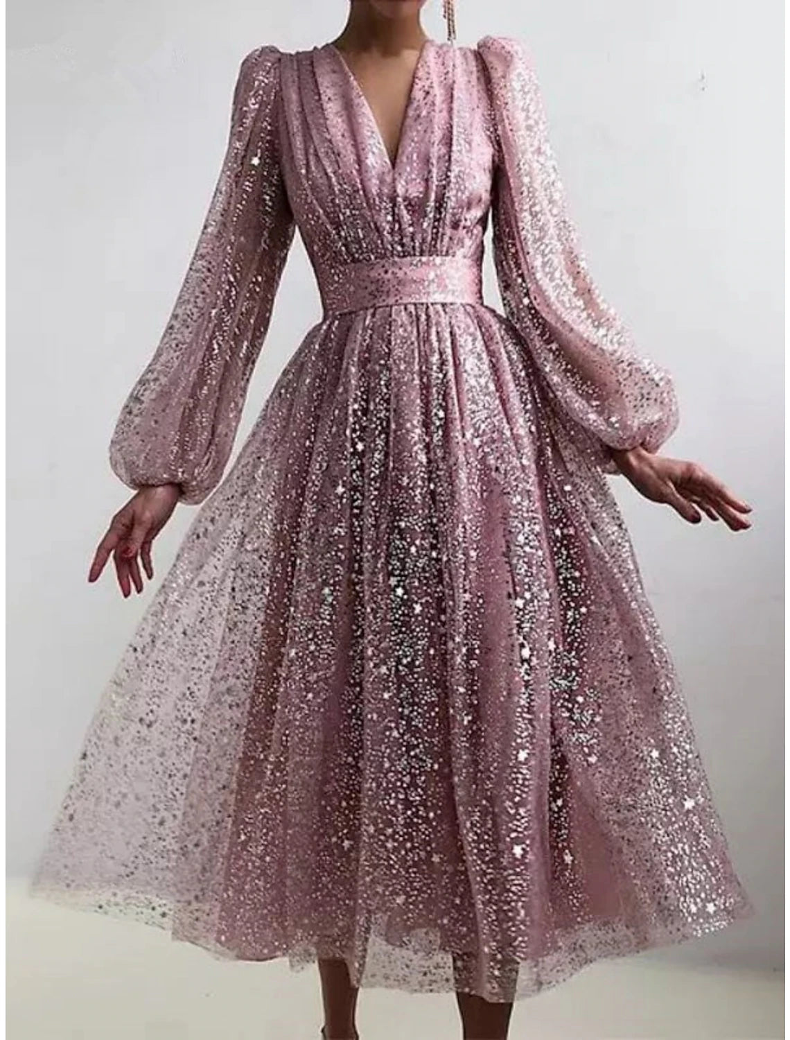 Women‘s Sequin Dress Party Dress Sparkly Dress Dress Homecoming Dress Sheath Dress Swing Dress Midi Dress Dusty Rose Dusty Blue Long Sleeve Plain Ruched Winter Fall Spring V Neck Mod