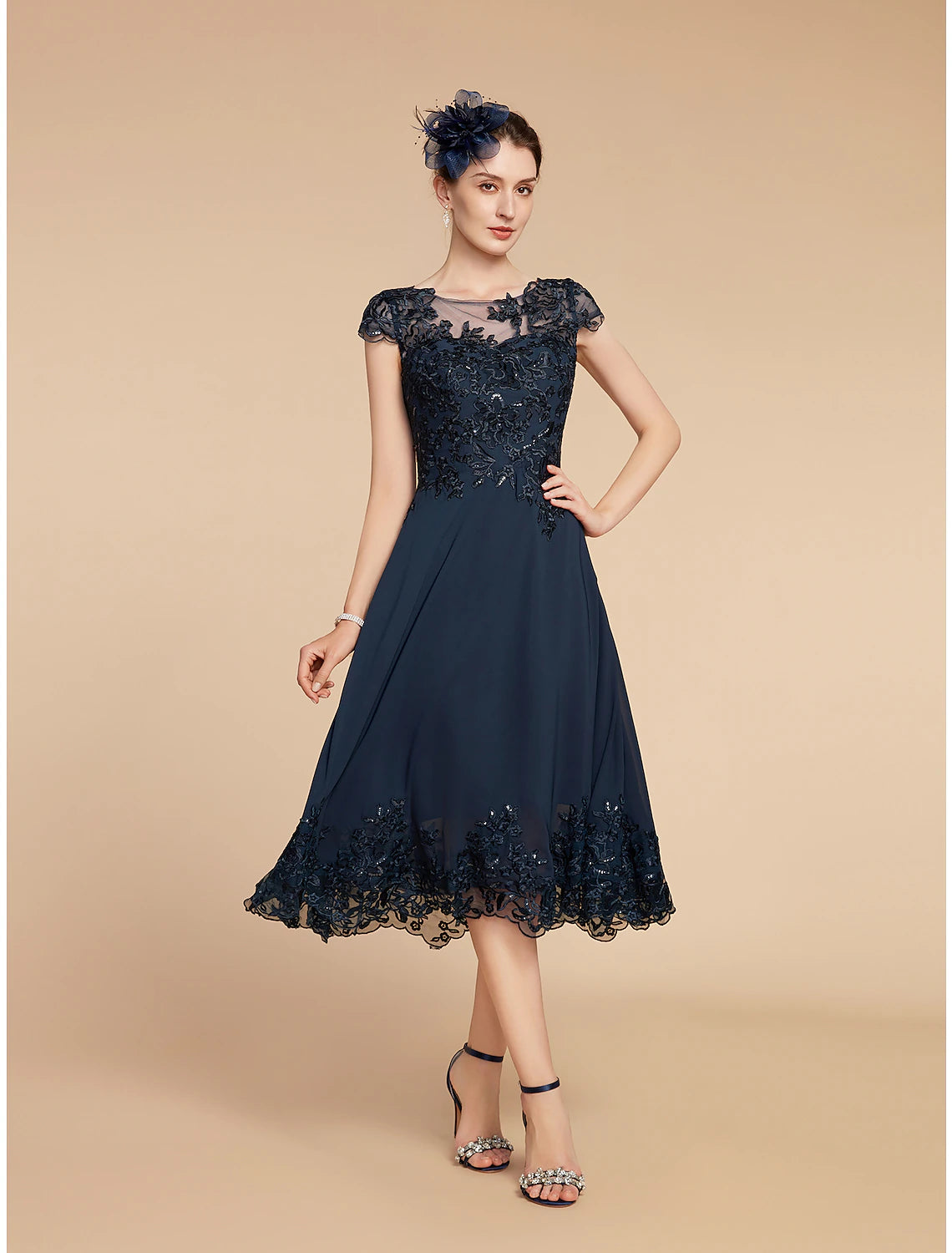 A-Line Mother of the Bride Dress Formal Wedding Guest Vintage Elegant Scoop Neck Tea Length Lace 3/4 Length Sleeve with Sequin Appliques Fall