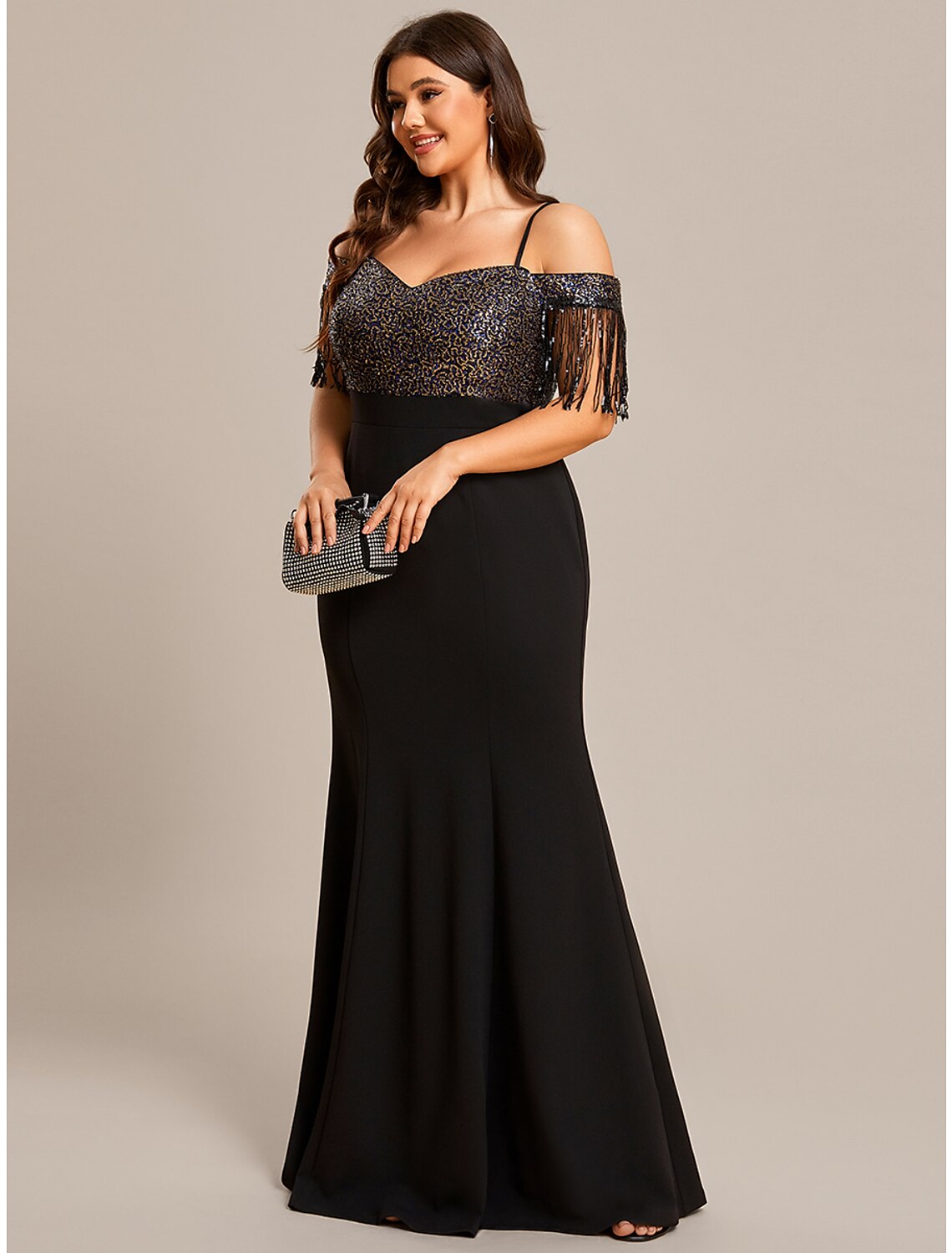 Mermaid / Trumpet Wedding Guest Dresses Minimalist Dress Formal Floor Length Short Sleeve Off Shoulder Stretch Fabric with Fringe Tassel
