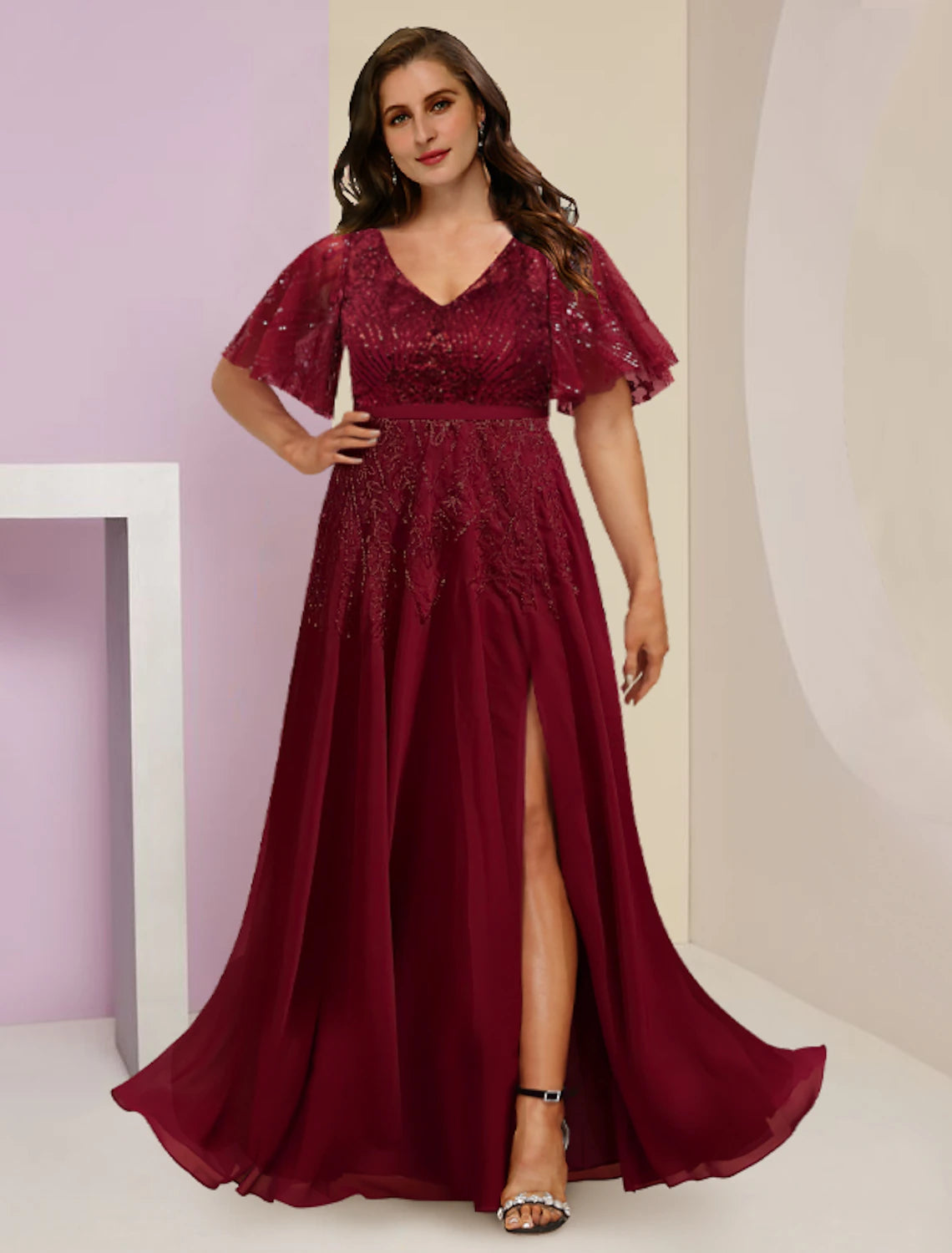 Vestido de madre de la novia con curvas de talla grande para invitada de boda, elegante, brillante y con brillo, escote en V, largo hasta el suelo, de gasa, encaje con lentejuelas, manga corta con pliegues y abertura.