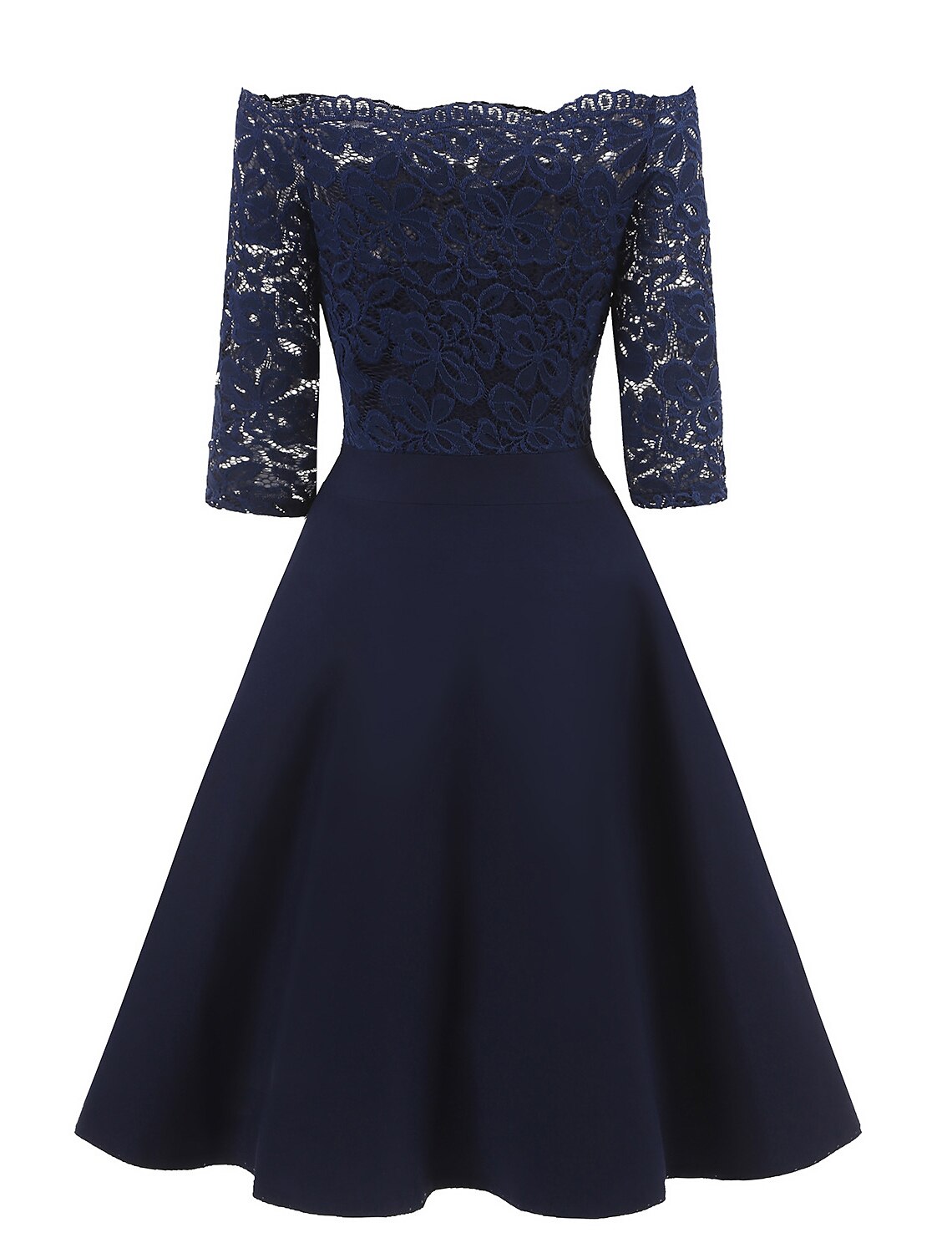 A-Line Cocktail Black Dress Vintage Dress Graduation Party Wear Knee Length 3/4 Length Sleeve Off Shoulder Lace with Lace Insert