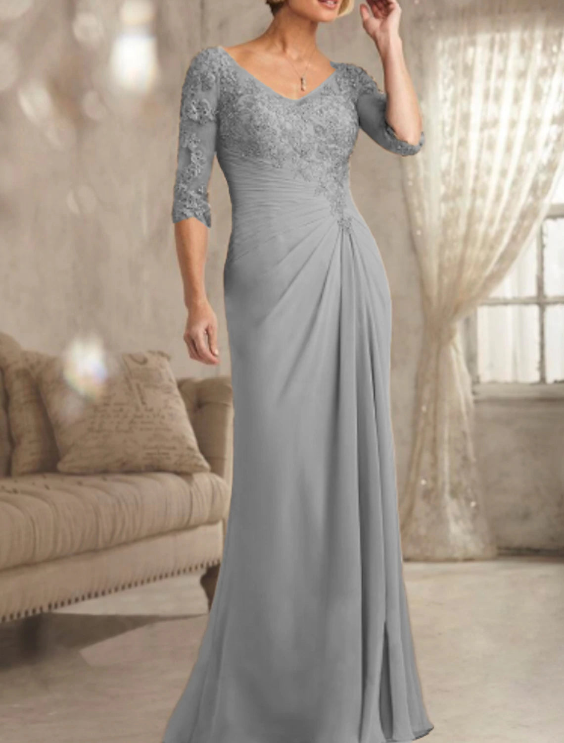 Vestido de madre de la novia con corte en forma de tubo/columna, para invitada de boda, talla grande, sexy, transparente, escote en V, largo hasta el suelo, de gasa, con encaje, media manga y caída de encaje.
