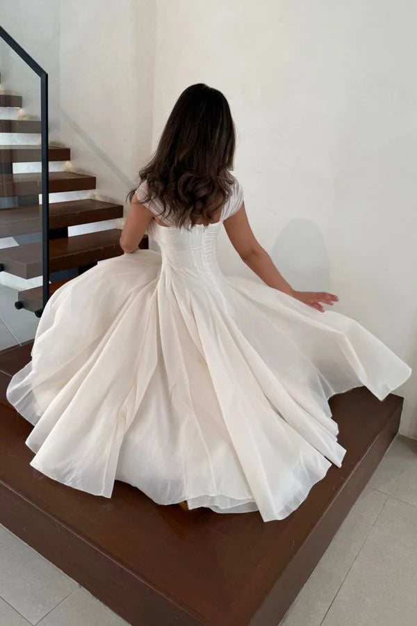 Midi Evening Dresses with Square Neck Tulle Cap Sleeve Corset Bodice and Flared Tulle Skirt