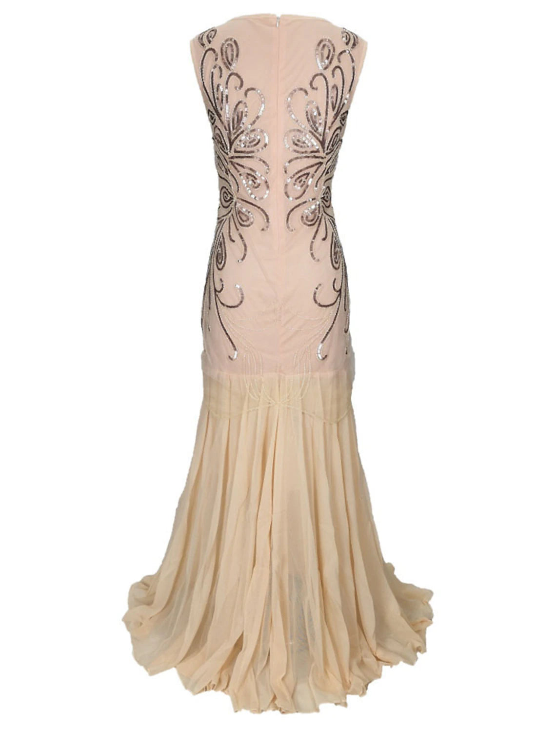 A-Line Evening Gown Vintage Dress Holiday Floor Length Sleeveless Jewel Neck Cotton Blend with Sequin Splicing