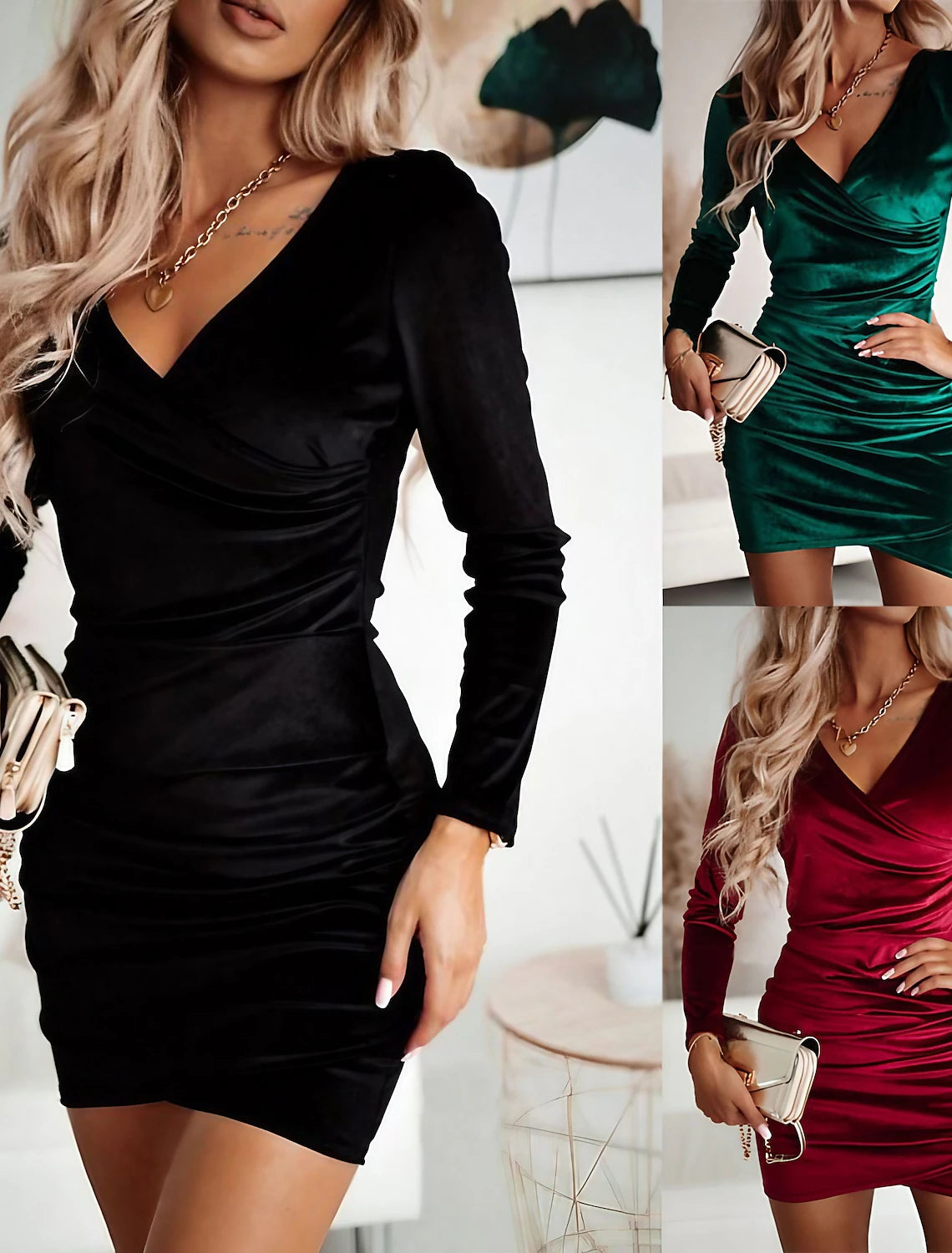 Women‘s Cocktail Party Dress Wedding Guest Dress Homecoming Dress Velvet Dress Midi Dress Black Red Green Long Sleeve Pure Color Ruched Winter Fall Spring V Neck Fashion Winter Dress Date