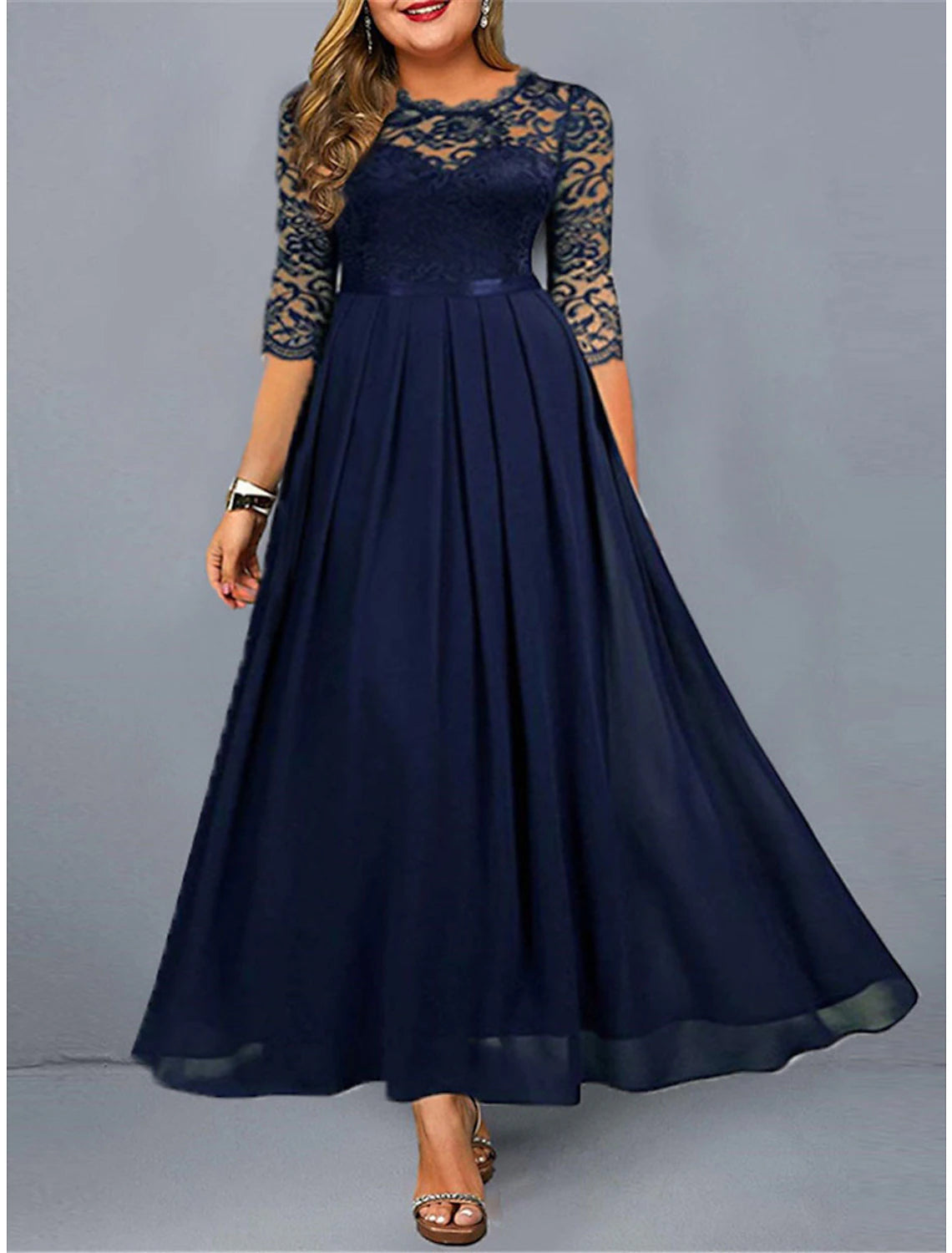 Women's Plus Size Green Chirstmas Dress Curve Party Dress Lace Dress Homecoming Dress Solid Color Long Dress Maxi Dress 3/4 Length Sleeve Lace Crew Neck Modern Party Black Wine Summer Spring
