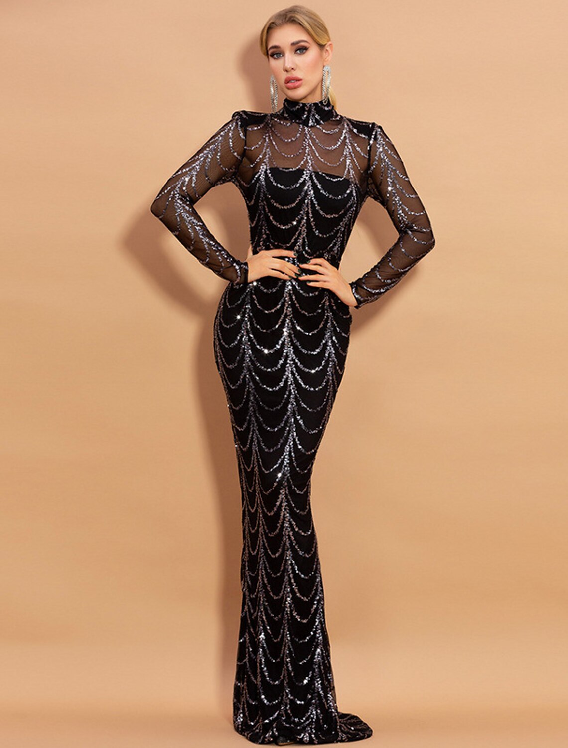 Mermaid / Trumpet Evening Gown Sparkle & Shine Dress Formal Sweep / Brush Train Long Sleeve High Neck African American Tulle with Sequin