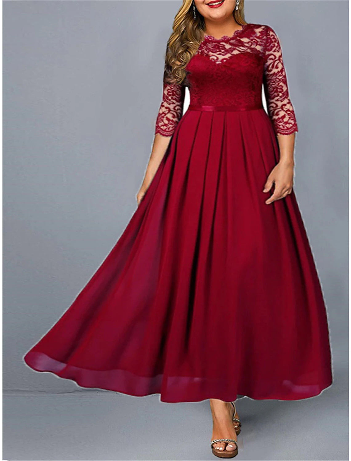 Women's Plus Size Green Chirstmas Dress Curve Party Dress Lace Dress Homecoming Dress Solid Color Long Dress Maxi Dress 3/4 Length Sleeve Lace Crew Neck Modern Party Black Wine Summer Spring