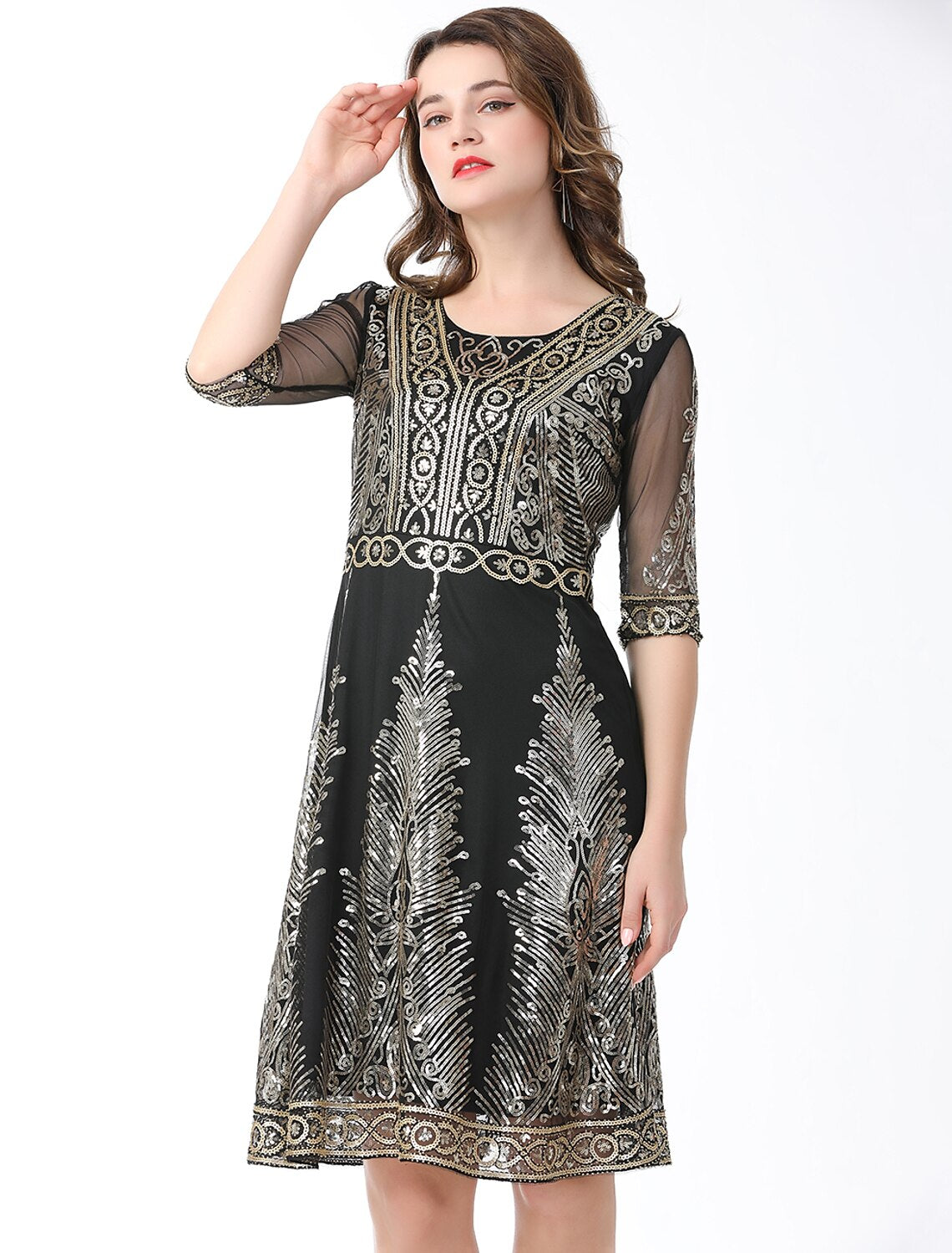 A-Line Elegant Vintage Holiday Party Wear Dress Jewel Neck Half Sleeve Knee Length Cotton Blend with Sequin Splicing