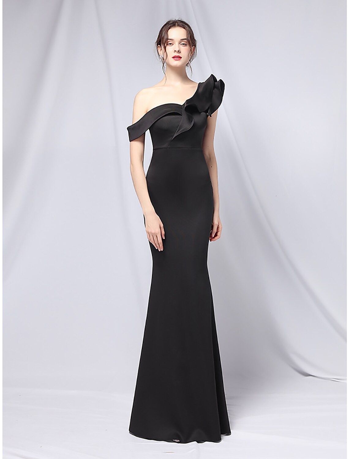 Vestido de fiesta de sirena, vestido de noche, vestido estilo imperio, para invitada de boda, formal, de noche, largo hasta el suelo, manga corta, un hombro, satén elástico con volantes