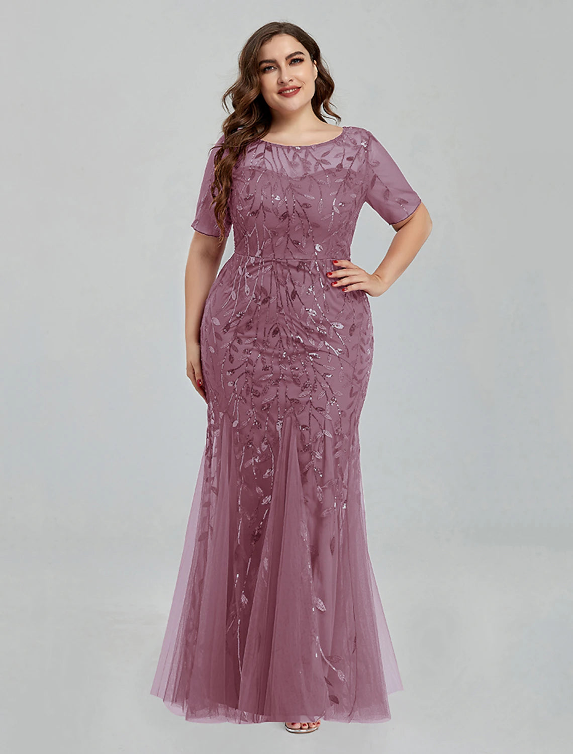 Mermaid / Trumpet Evening Gown Empire Dress Wedding Guest Floor Length Short Sleeve Jewel Neck Bridesmaid Dress Tulle with Embroidery